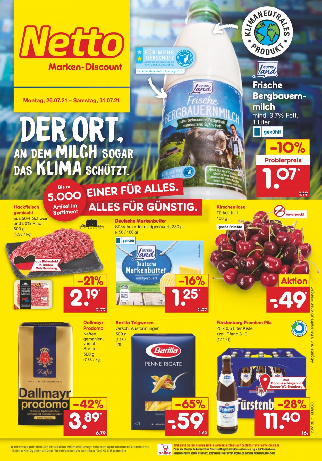 thumbnail - Prospekte Netto Marken-Discount - 26.07.2021 - 31.07.2021 - Produkte in Aktion - Bier, Rindfleisch, Hackfleisch, Schweinehackfleisch, Kirschen, Milch, Butter, Barilla, Teigwaren, Kaffee, Dallmayr  Prodomo, Dallmayr. Seite 1.