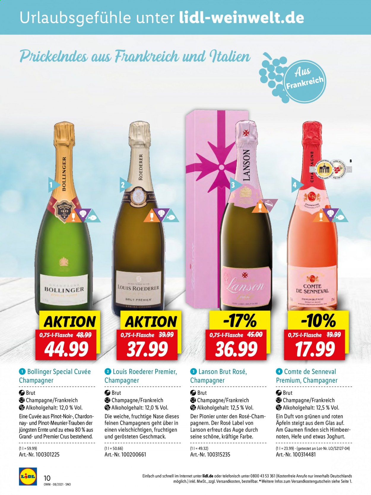 thumbnail - Prospekte Lidl - 28.07.2021 - 31.08.2021 - Produkte in Aktion - Trauben, Äpfel, Joghurt, Hefe, Wein, Champagne. Seite 10.