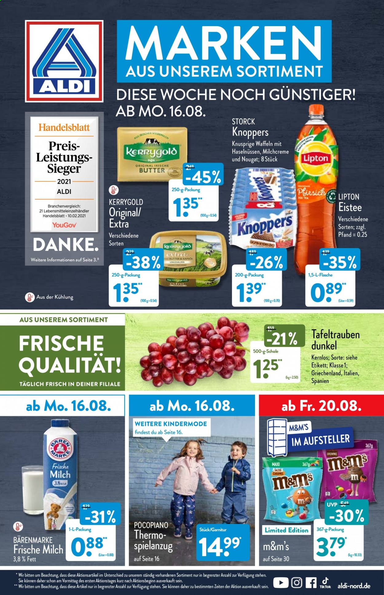 thumbnail - Prospekte ALDI Nord - 16.08.2021 - 22.08.2021 - Produkte in Aktion - Trauben, Kerrygold, Bärenmarke, frische Milch, Knoppers, M&M's, Eistee, Lipton. Seite 1.
