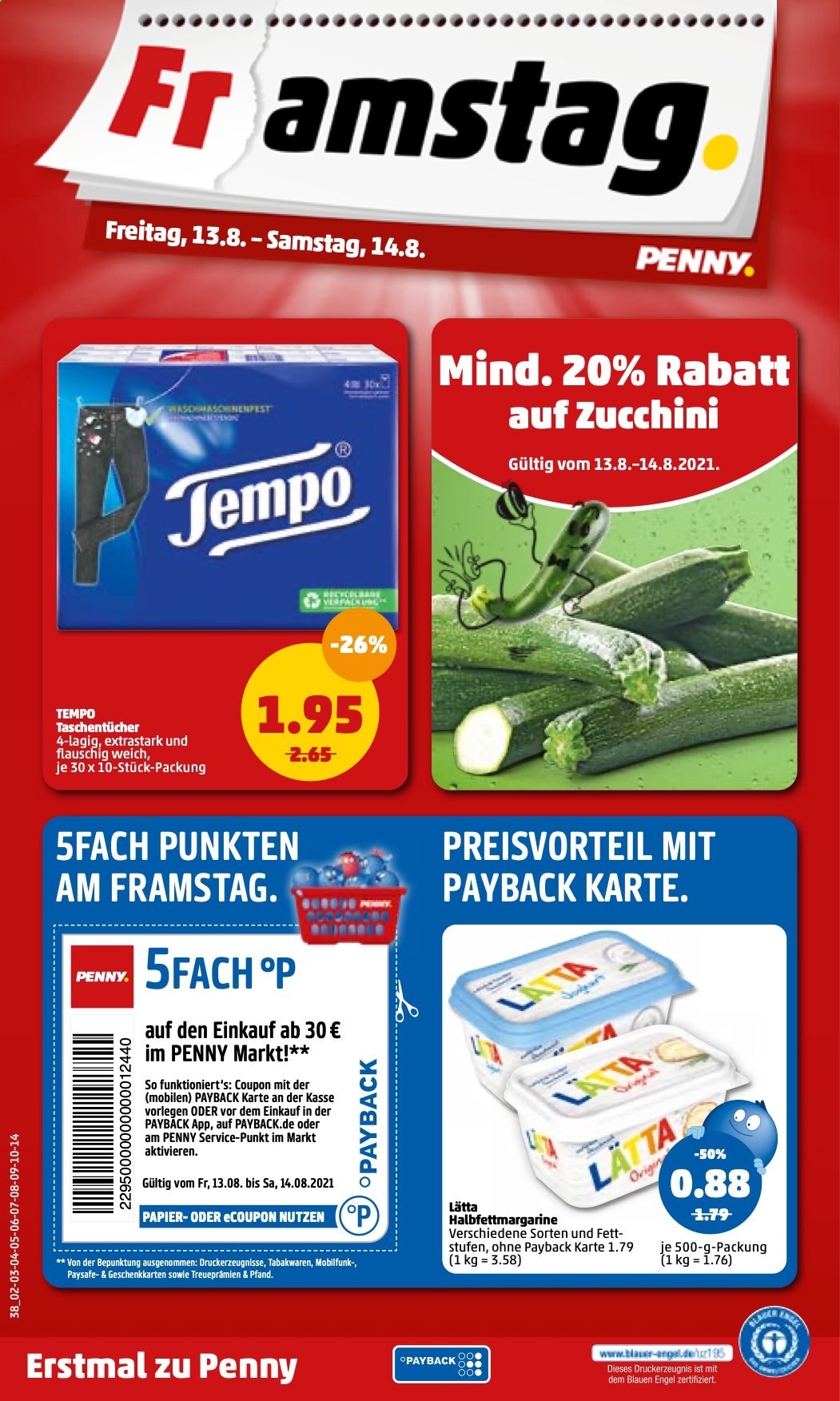 thumbnail - Prospekte Penny - 9.08.2021 - 14.08.2021 - Produkte in Aktion - Zucchini, Lätta, Taschentücher, Engel. Seite 38.