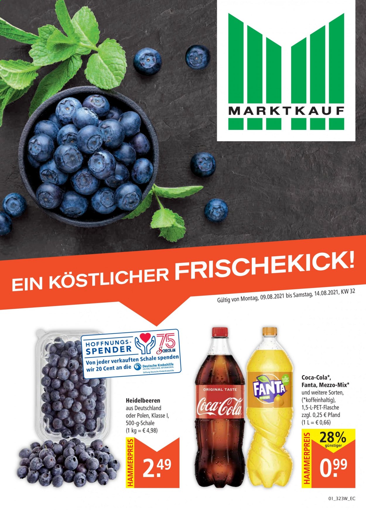 thumbnail - Prospekte Marktkauf - 9.08.2021 - 14.08.2021 - Produkte in Aktion - Heidelbeeren, Coca-Cola, Fanta. Seite 1.