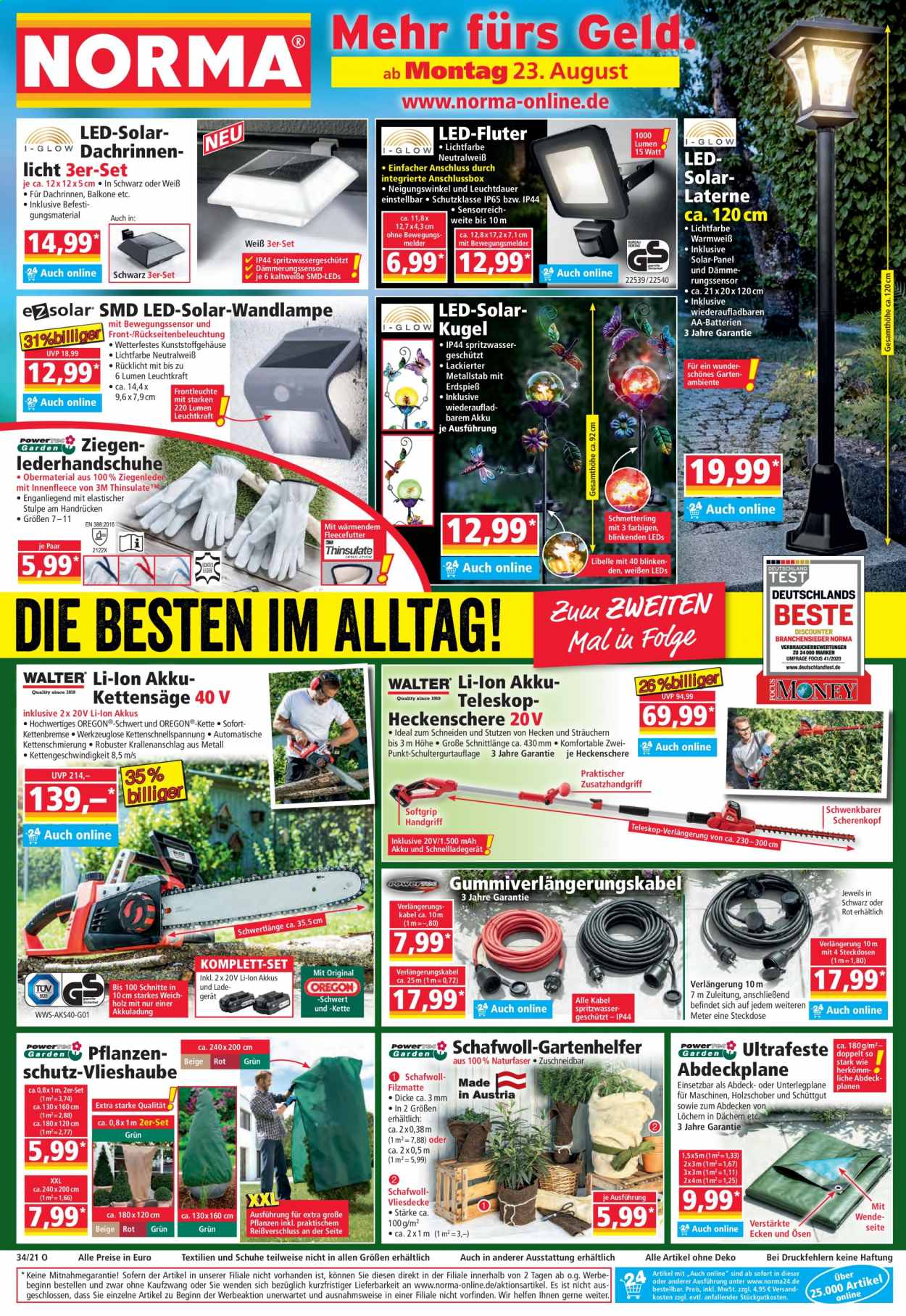 thumbnail - Prospekte Norma - 23.08.2021 - 28.08.2021 - Produkte in Aktion - AA-Batterien, Schmetterling, Kette, LED-Fluter, Heckenschere. Seite 1.