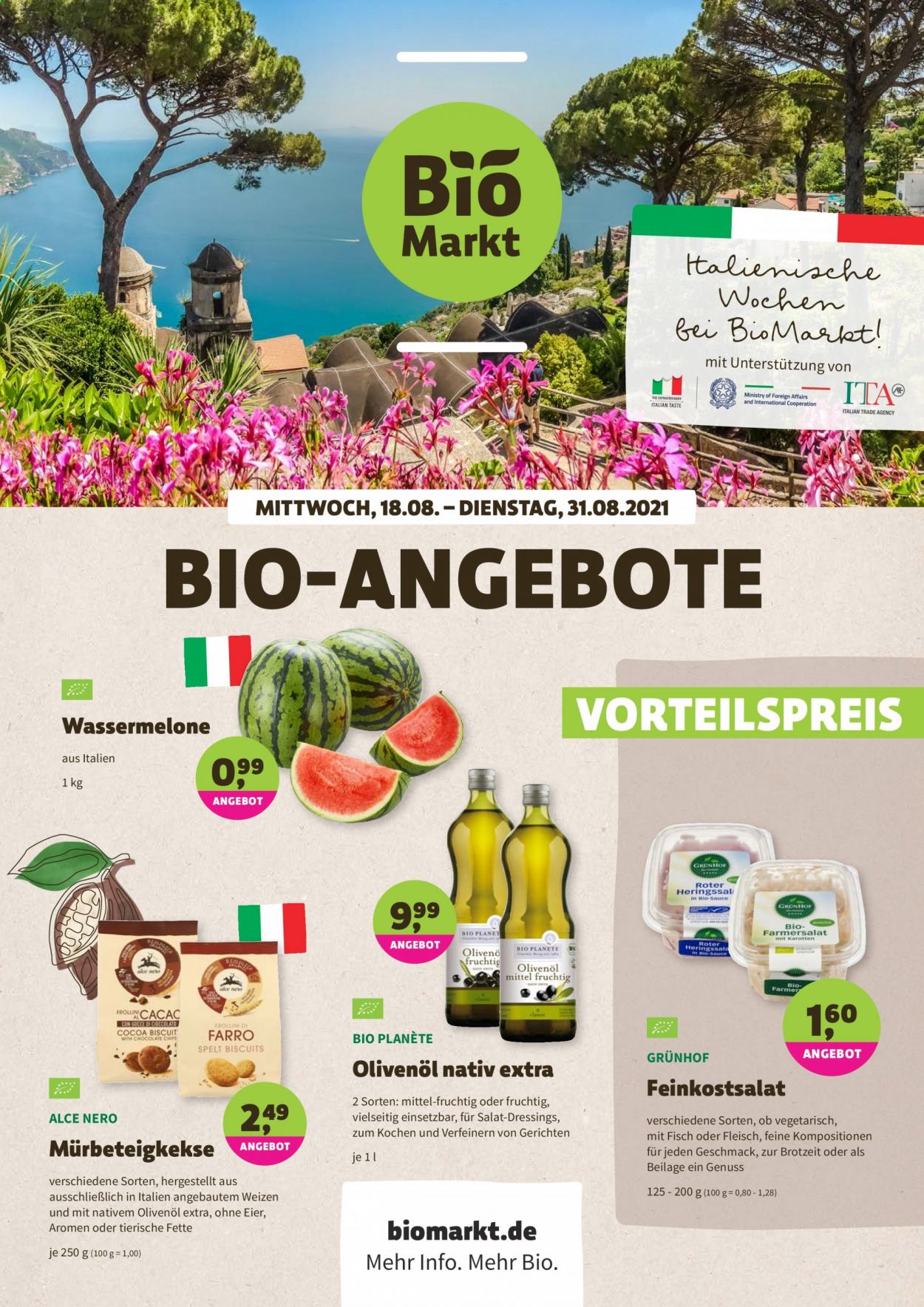 thumbnail - Prospekte BioMarkt - 18.08.2021 - 31.08.2021 - Produkte in Aktion - Wassermelone, Fertigsalat, Eier, Kekse, Olivenöl, Öl. Seite 1.
