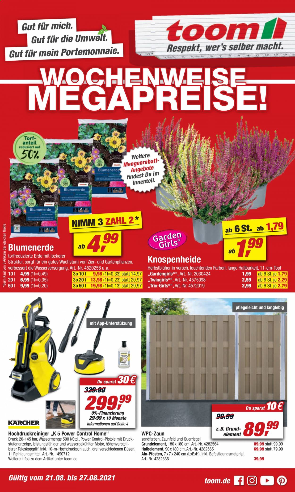 thumbnail - Prospekte toom Baumarkt - 21.08.2021 - 27.08.2021 - Produkte in Aktion - Hochdruckreiniger, Blumenerde. Seite 1.