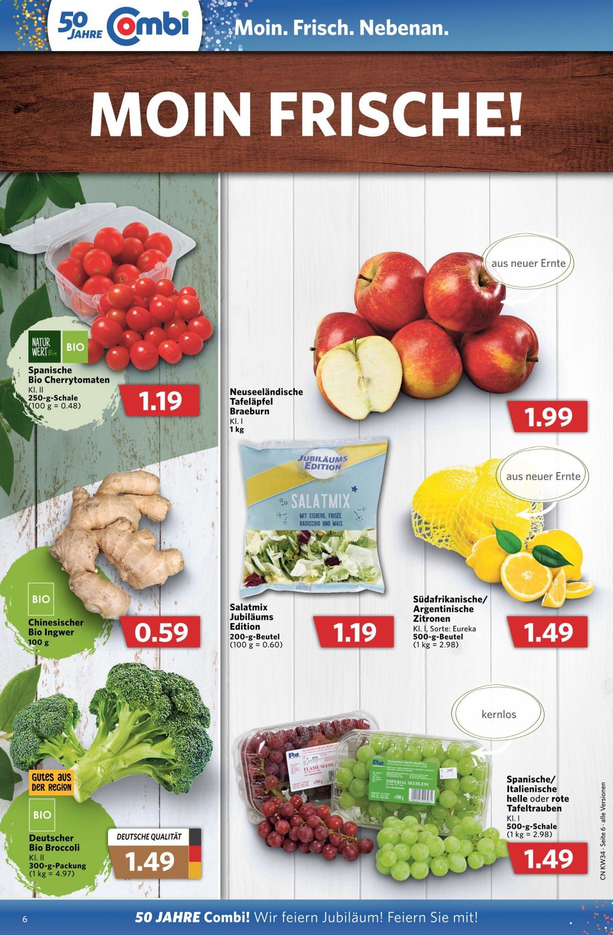 thumbnail - Prospekte Combi - 23.08.2021 - 28.08.2021 - Produkte in Aktion - Salat, Cherry-Tomaten, Ingwer, Mais, Salatmix, Trauben, Äpfel, Zitronen. Seite 6.