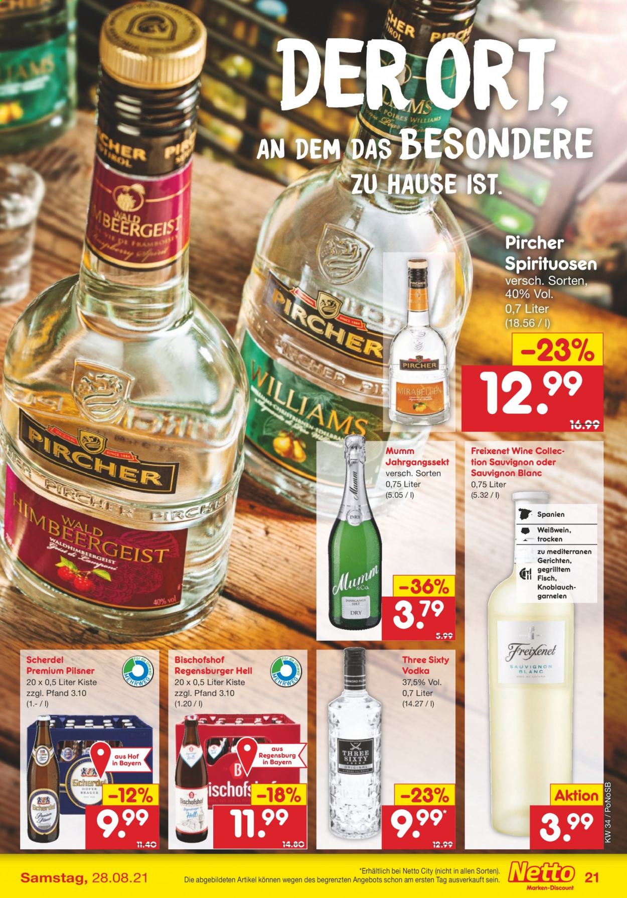 thumbnail - Prospekte Netto Marken-Discount - 23.08.2021 - 28.08.2021 - Produkte in Aktion - Pils, Bier, Alkohol, Knoblauch, Garnelen, Wein, Weißwein, Mumm, Freixenet, Sauvignon Blanc, Vodka. Seite 21.