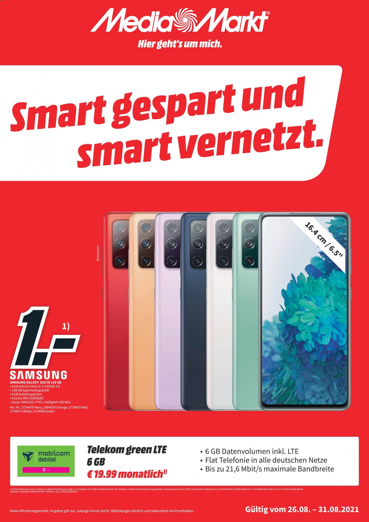 thumbnail - Prospekte MediaMarkt - 26.08.2021 - 31.08.2021 - Produkte in Aktion - Samsung, Samsung Galaxy S, Samsung Galaxy S20. Seite 1.