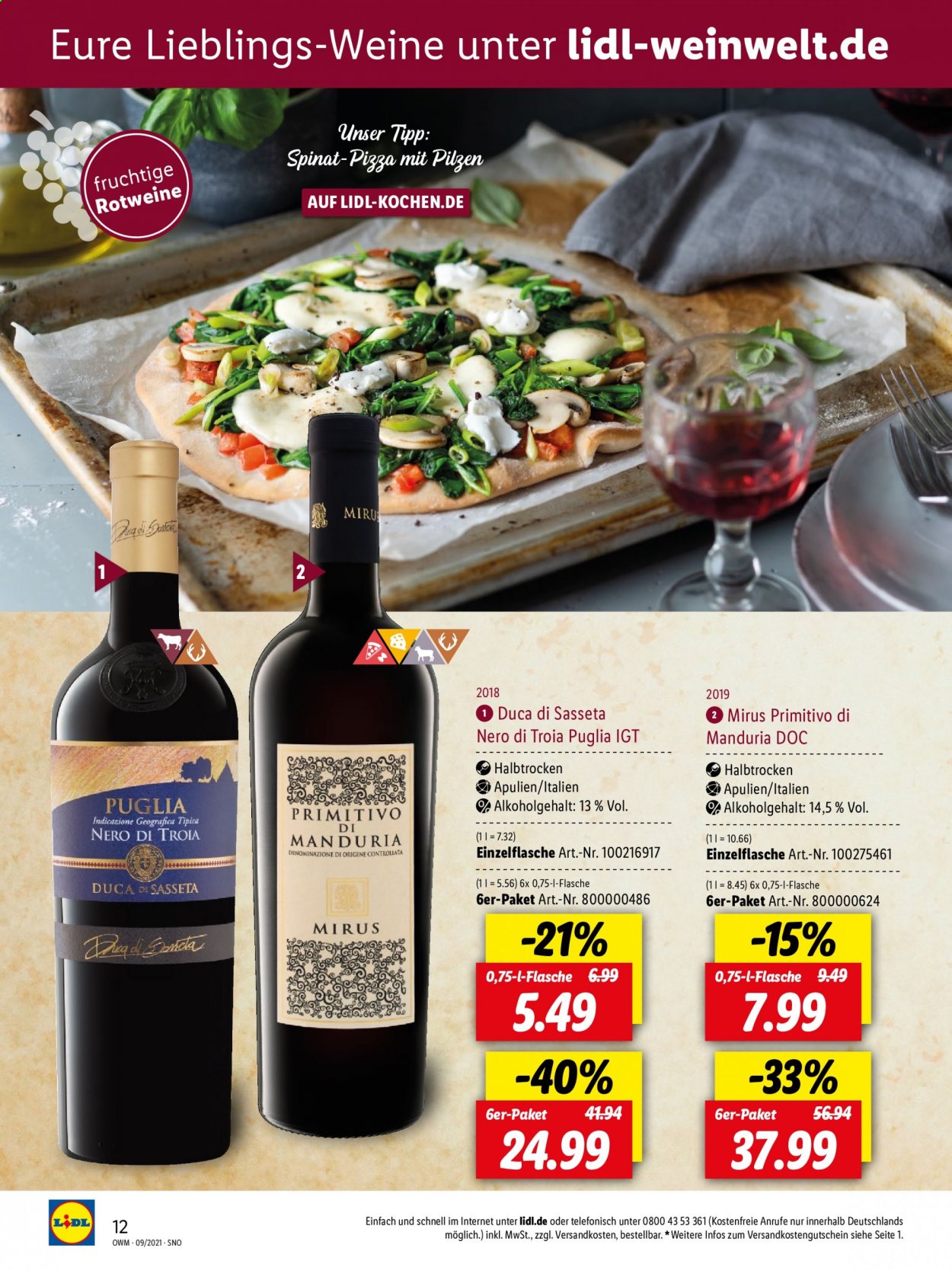 thumbnail - Prospekte Lidl - 30.08.2021 - 30.09.2021 - Produkte in Aktion - Spinat, Pizza, Wein, Primitivo. Seite 12.