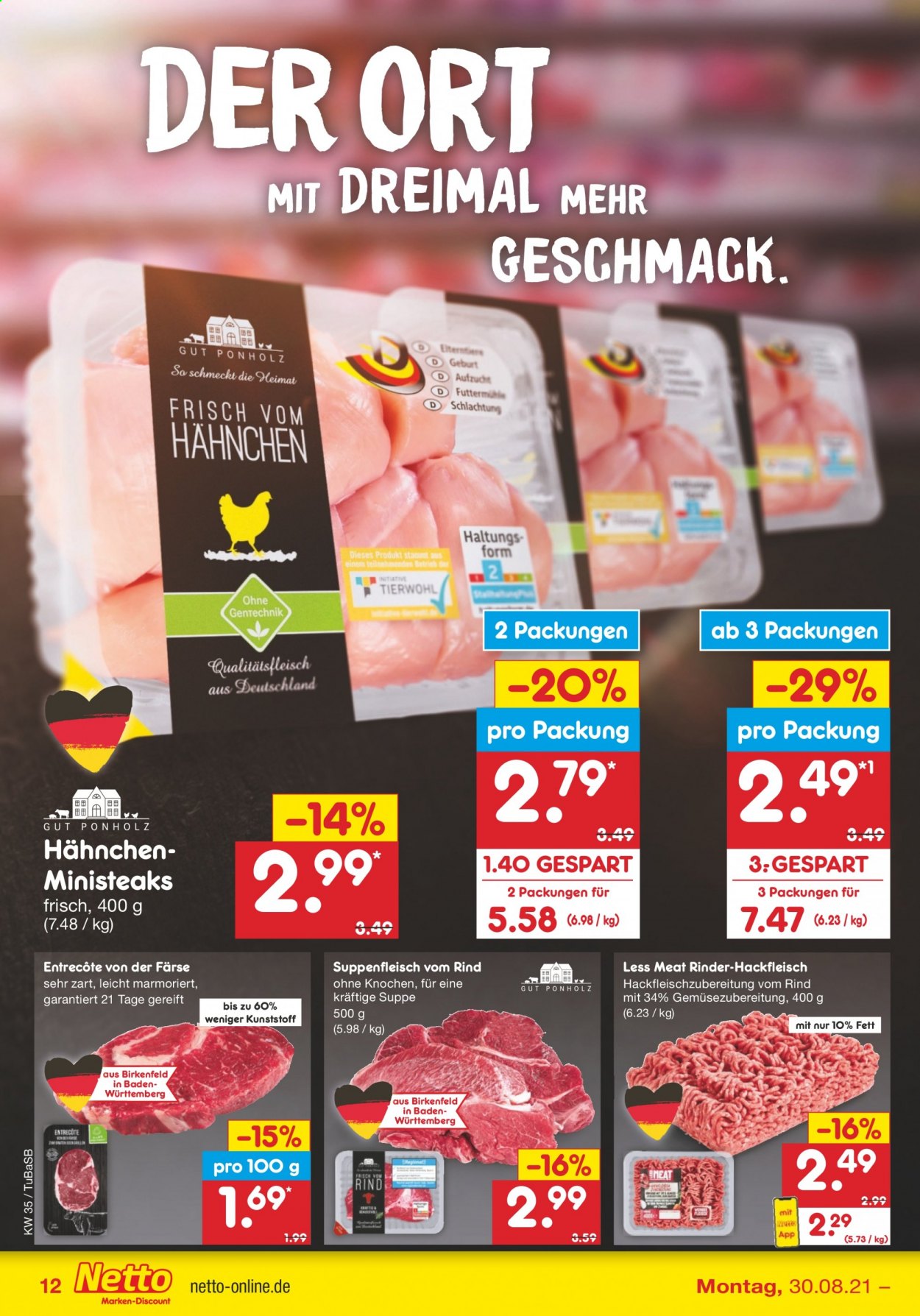 thumbnail - Prospekte Netto Marken-Discount - 30.08.2021 - 4.09.2021 - Produkte in Aktion - Entrecôte, Suppenfleisch, Hackfleisch, Schweinehackfleisch, Rindfleischburger. Seite 12.
