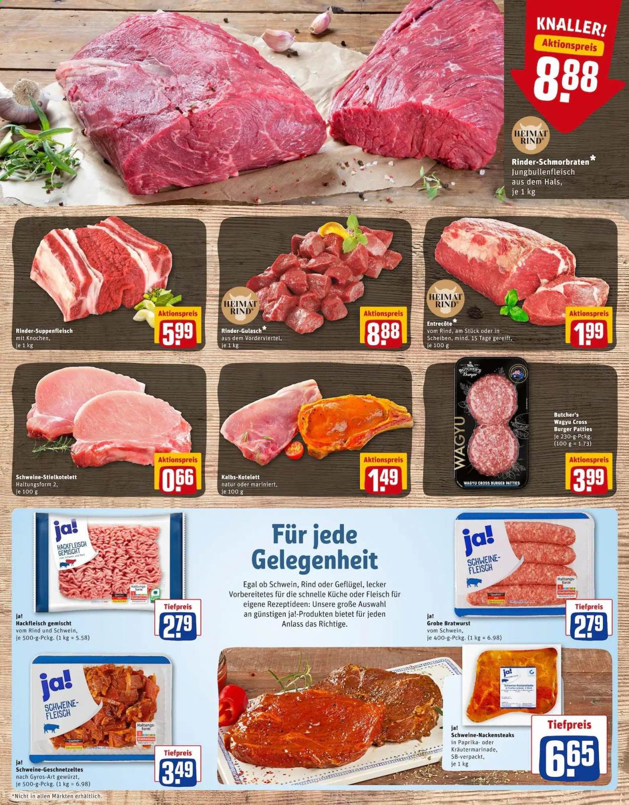 thumbnail - Prospekte REWE - 30.08.2021 - 4.09.2021 - Produkte in Aktion - Steak, Entrecôte, Suppenfleisch, Kalbskotelett, Hackfleisch, Schweinehackfleisch, Rindfleischburger, Hamburger, Schweinekotelett, Nackensteak, Bratwurst. Seite 7.