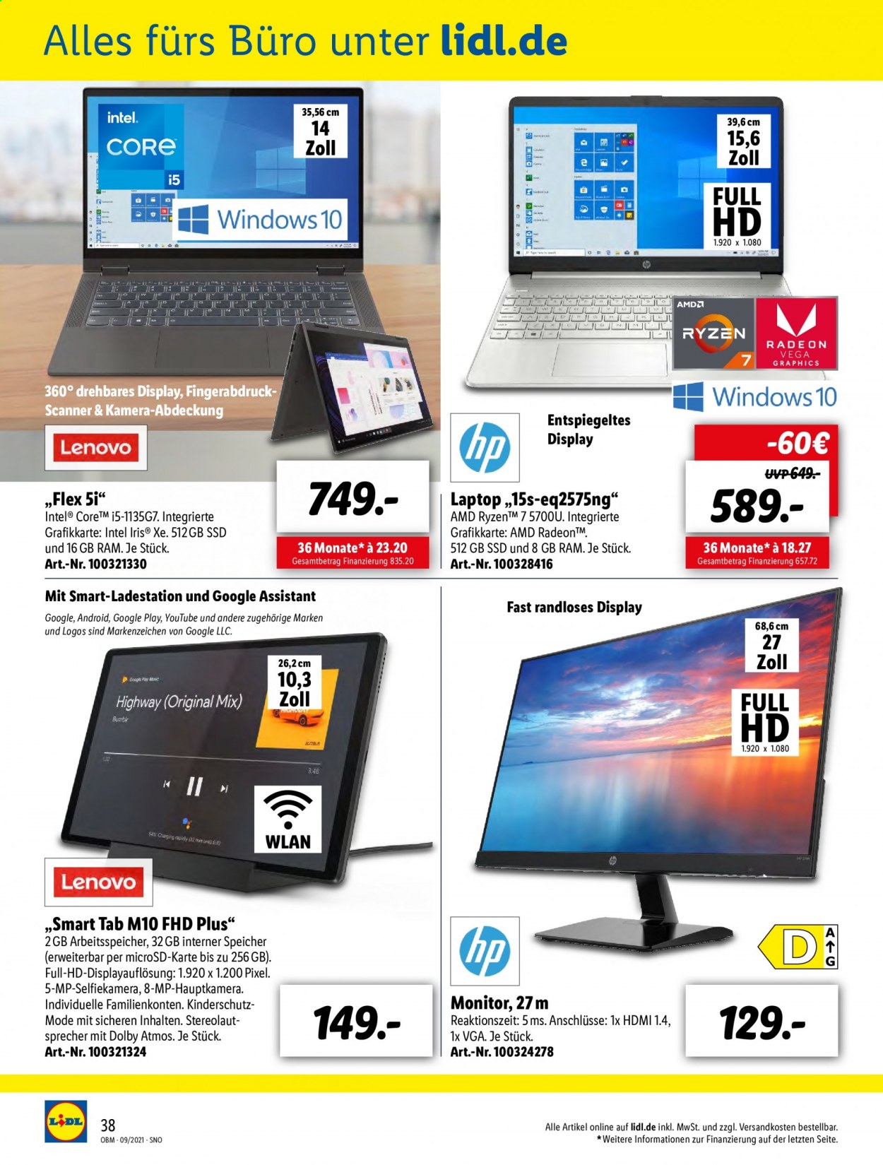 thumbnail - Prospekte Lidl - 1.09.2021 - 30.09.2021 - Produkte in Aktion - Lenovo, HP, Laptop, Radeon, Monitor. Seite 38.