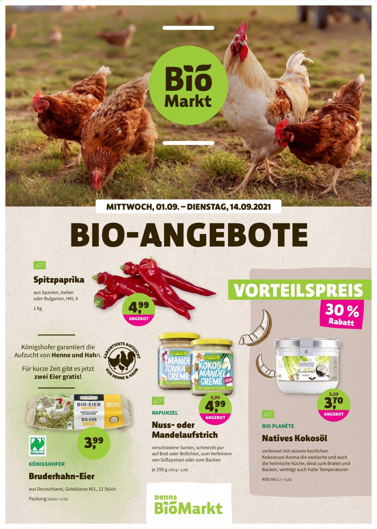thumbnail - Prospekte BioMarkt - 1.09.2021 - 14.09.2021 - Produkte in Aktion - Paprika, Spitzpaprika, Brötchen, Eier, Kokosnussöl. Seite 1.