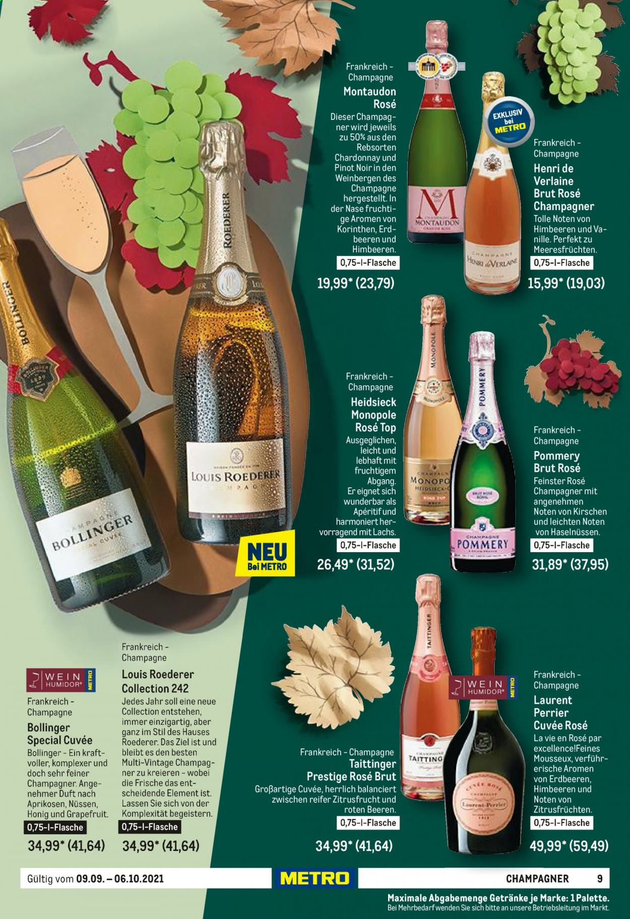 thumbnail - Prospekte Metro - 9.09.2021 - 6.10.2021 - Produkte in Aktion - Aprikosen, Lachs, Honig, Wein, Spätburgunder, Champagne, Chardonnay, Pinot Noir, Aperitif. Seite 9.