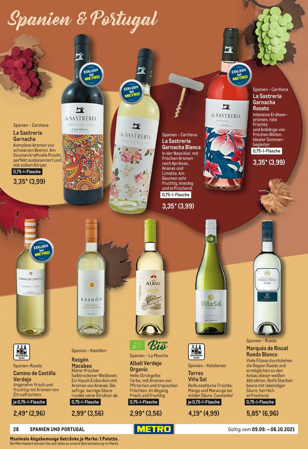 thumbnail - Prospekte Metro - 9.09.2021 - 6.10.2021 - Produkte in Aktion - Alkohol, Mango, Wein, Weißwein. Seite 28.