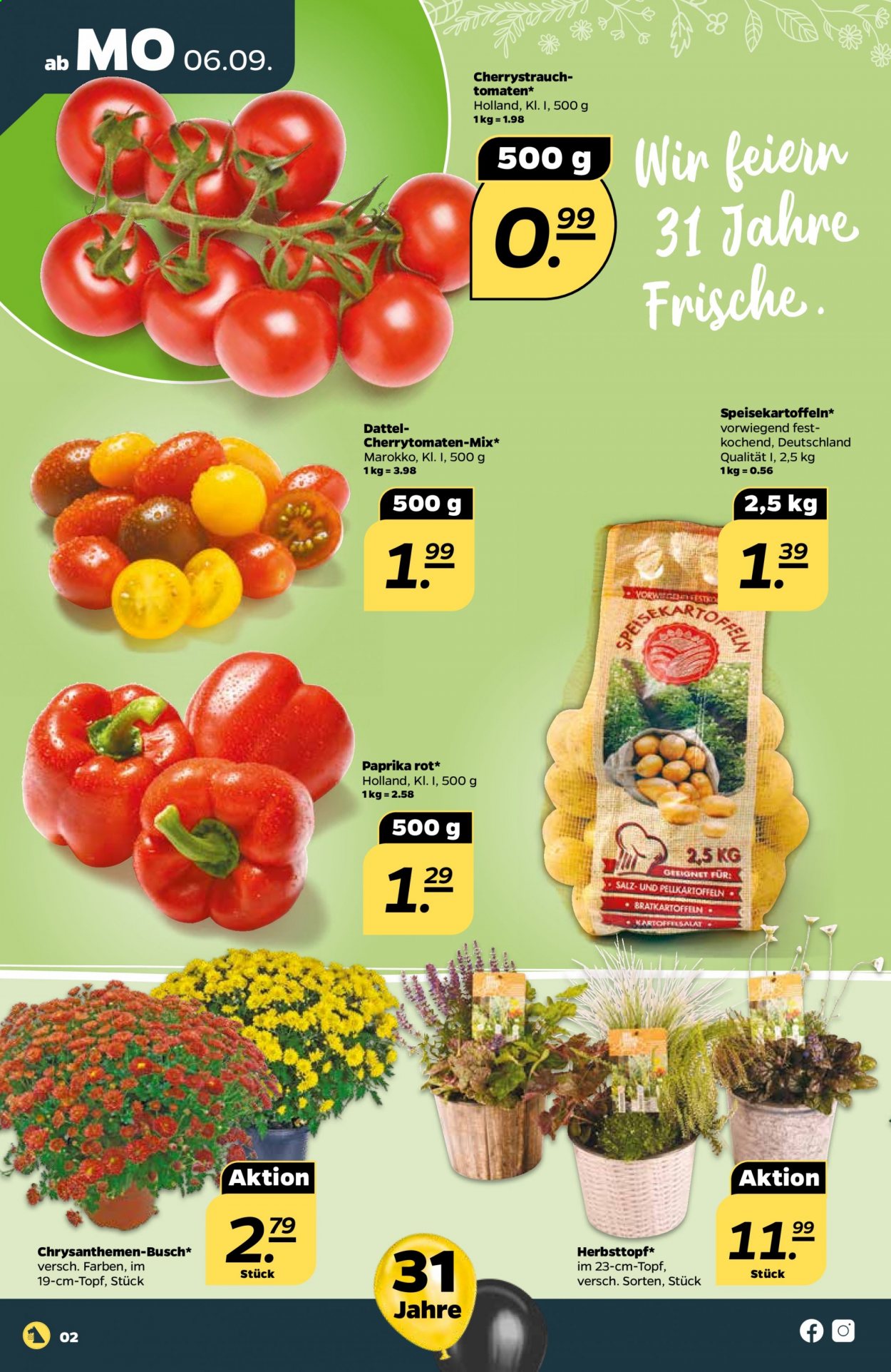 thumbnail - Prospekte Netto - 6.09.2021 - 11.09.2021 - Produkte in Aktion - Paprika, Tomaten, Speisekartoffeln, Cherry-Tomaten, Kartoffeln, Kartoffelsalat, Fertigsalat, Chrysanthemen. Seite 2.