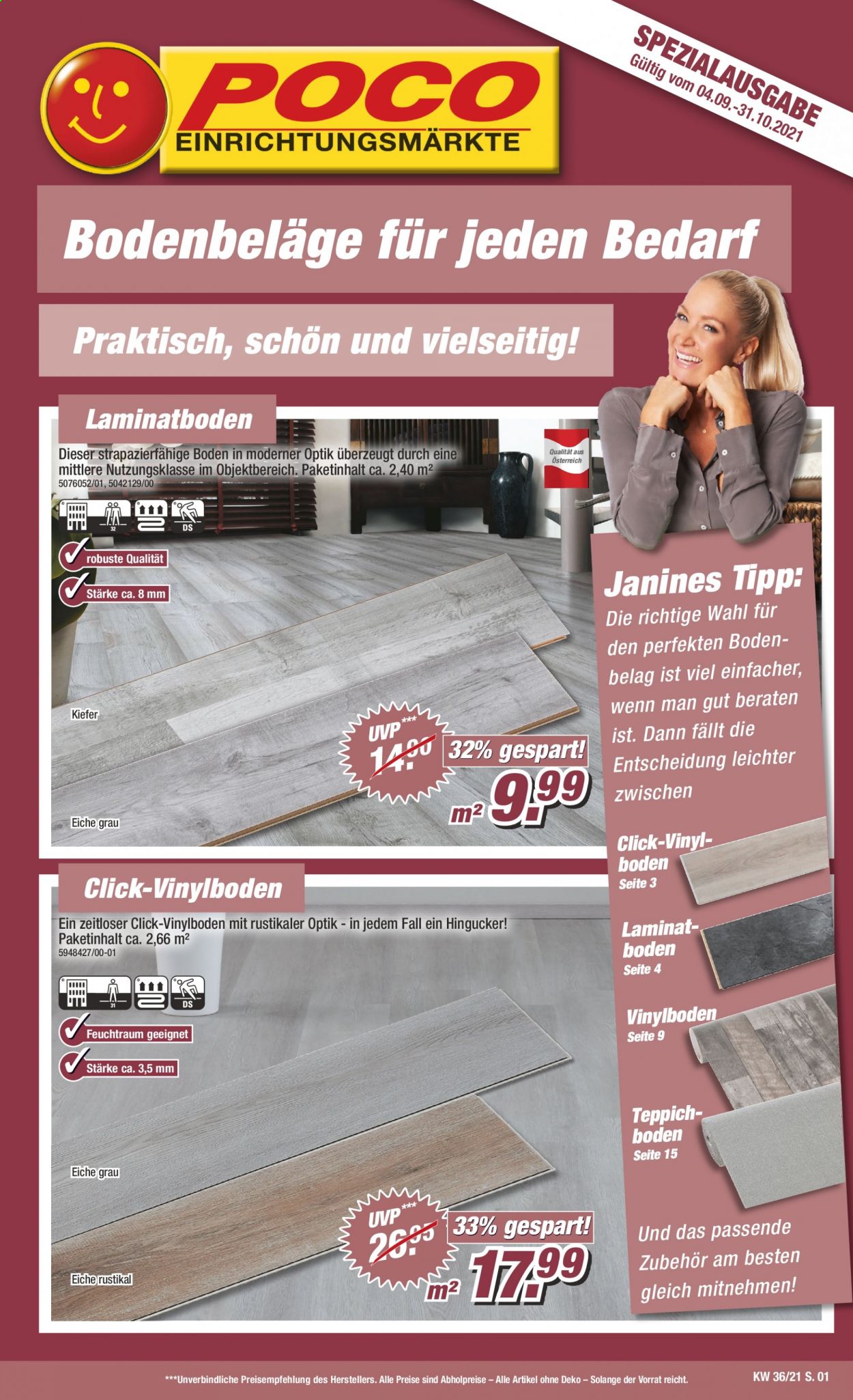thumbnail - Prospekte Poco - 4.09.2021 - 31.10.2021 - Produkte in Aktion - Vinylboden, Laminatboden, Teppich. Seite 1.