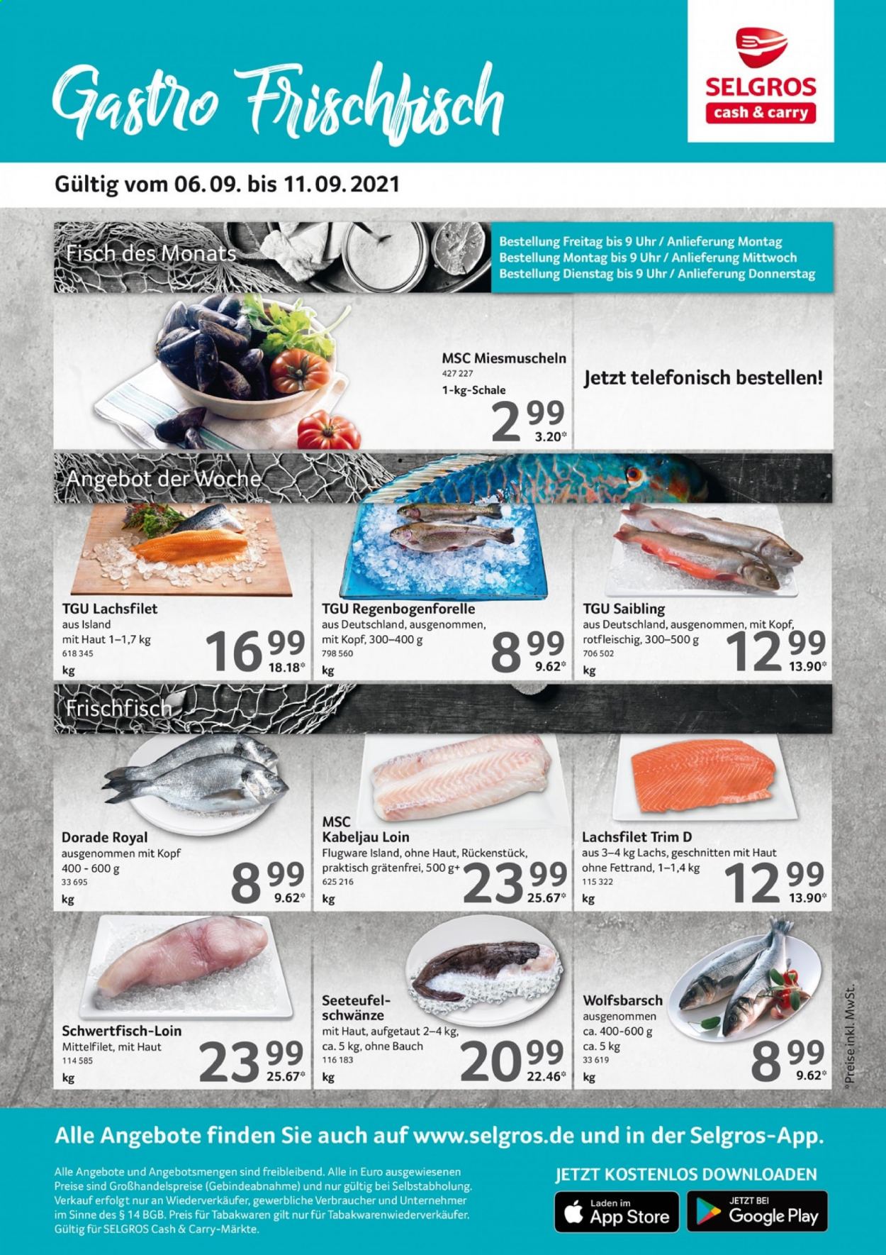 thumbnail - Prospekte Selgros - 6.09.2021 - 11.09.2021 - Produkte in Aktion - Lachs, Lachsfilet, Dorade, Saibling, Wolfsbarsch. Seite 1.