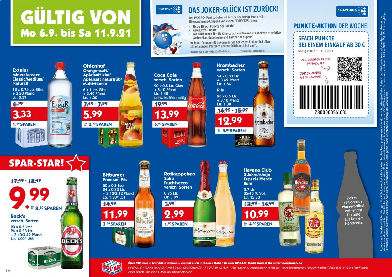 Hol'ab! Getränkemarkt Prospekte  - 6.09.2021 - 11.09.2021. Seite 1
