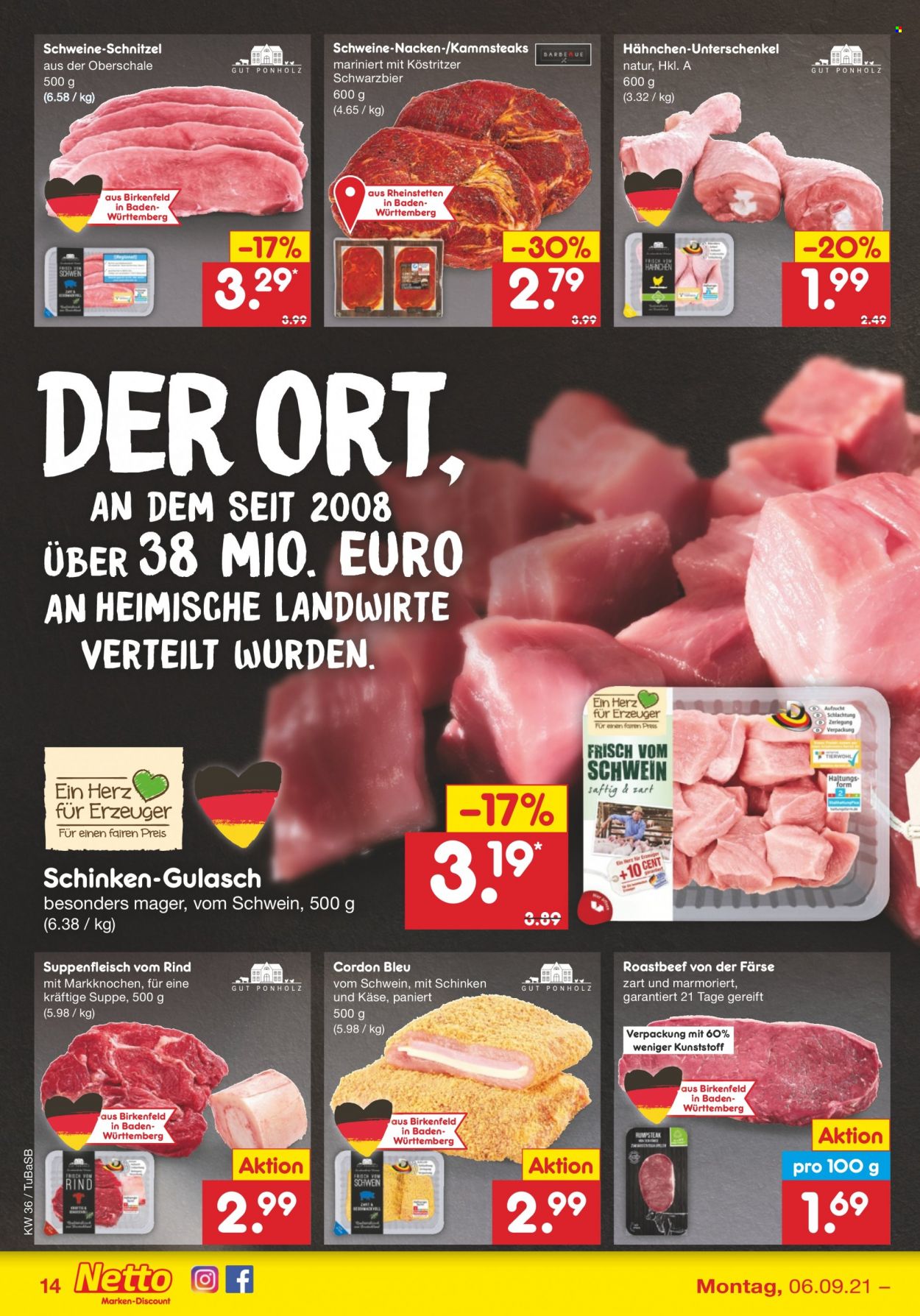 thumbnail - Prospekte Netto Marken-Discount - 6.09.2021 - 11.09.2021 - Produkte in Aktion - Schnitzel, Rumpsteak, Roastbeef, Suppenfleisch, Rindfleischburger, Schweineschnitzel, Cordon Bleu, Käse. Seite 14.