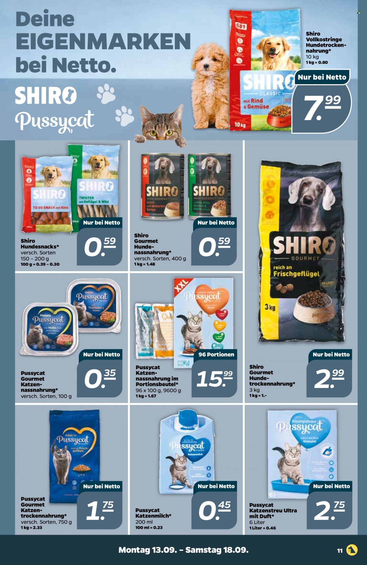 thumbnail - Prospekte Netto - 13.09.2021 - 18.09.2021 - Produkte in Aktion - Katzenstreu, Trockennahrung, Hunde Snacks, Katzenfutter. Seite 11.
