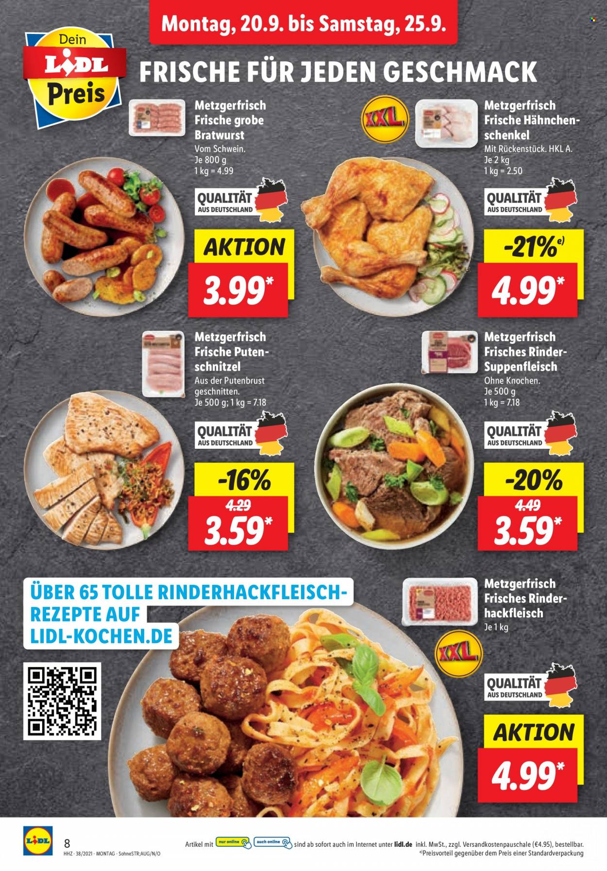 thumbnail - Prospekte Lidl - 20.09.2021 - 25.09.2021 - Produkte in Aktion - Schnitzel, Putenbrust, Rindfleisch, Suppenfleisch, Hackfleisch, Schweinehackfleisch, Bratwurst. Seite 8.