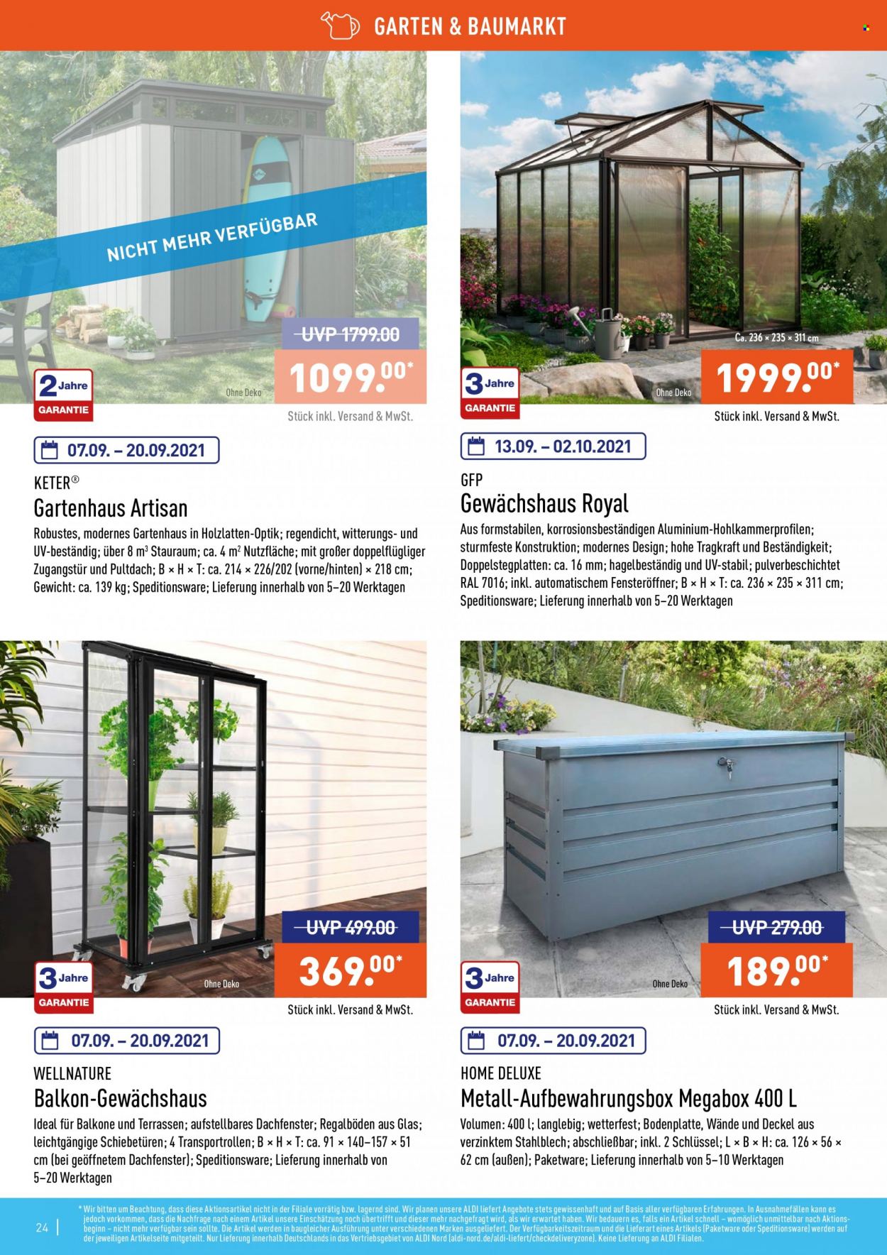 thumbnail - Prospekte ALDI Nord - Produkte in Aktion - Aufbewahrungsbox, Gewächshaus, Gartenhaus. Seite 24.