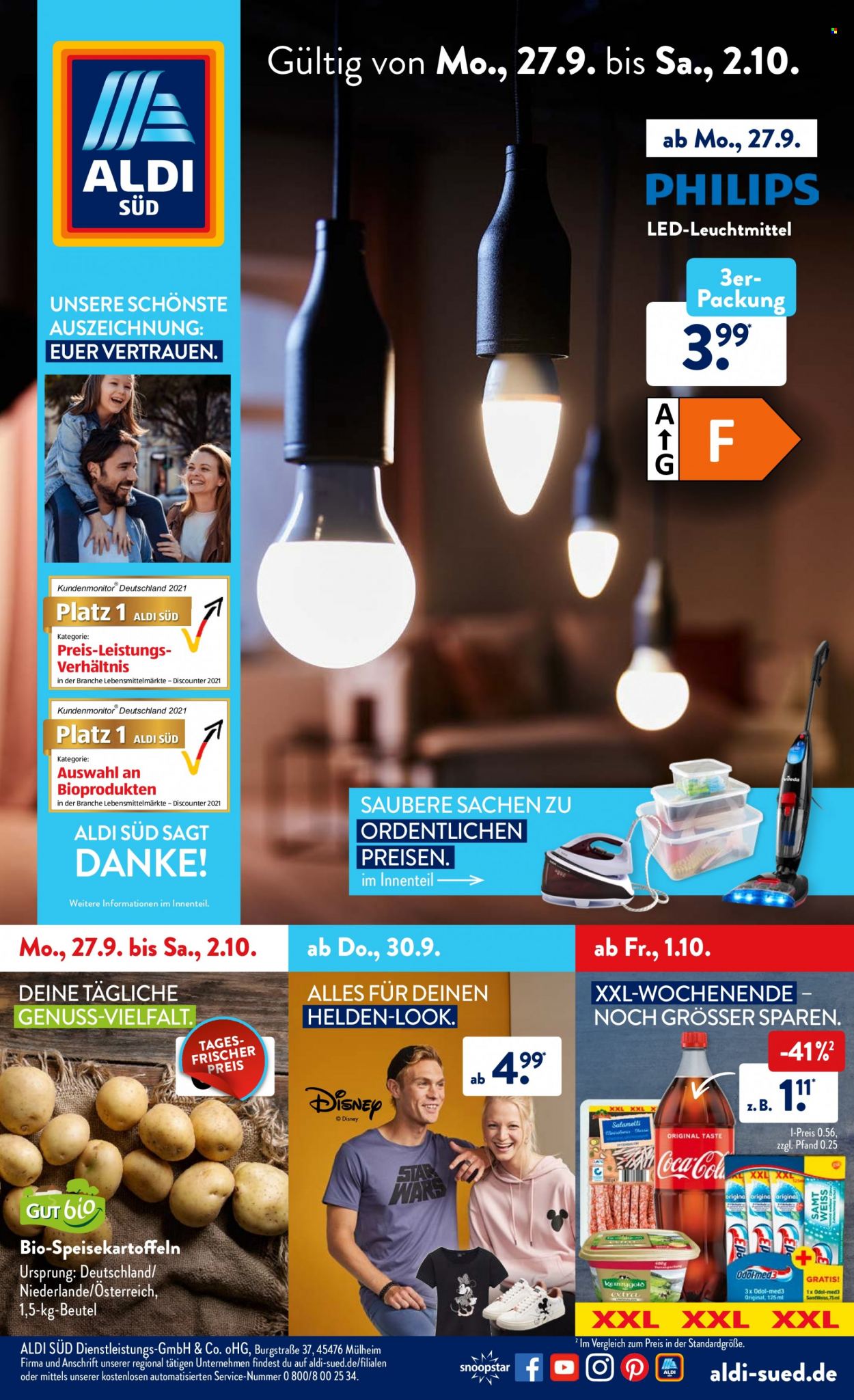thumbnail - Prospekte ALDI SÜD - 27.09.2021 - 2.10.2021 - Produkte in Aktion - Philips, Speisekartoffeln, Kartoffeln, Coca-Cola, Disney, Odol. Seite 1.