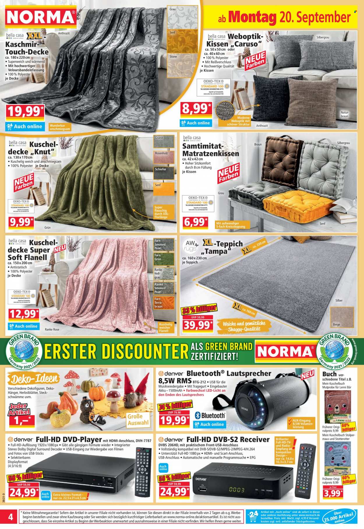 thumbnail - Prospekte Norma - 20.09.2021 - 26.09.2021 - Produkte in Aktion - Braun, Senf, Kuscheldecke, Kissen, Receiver, Lautsprecher, Dekohänger, Teppich. Seite 4.