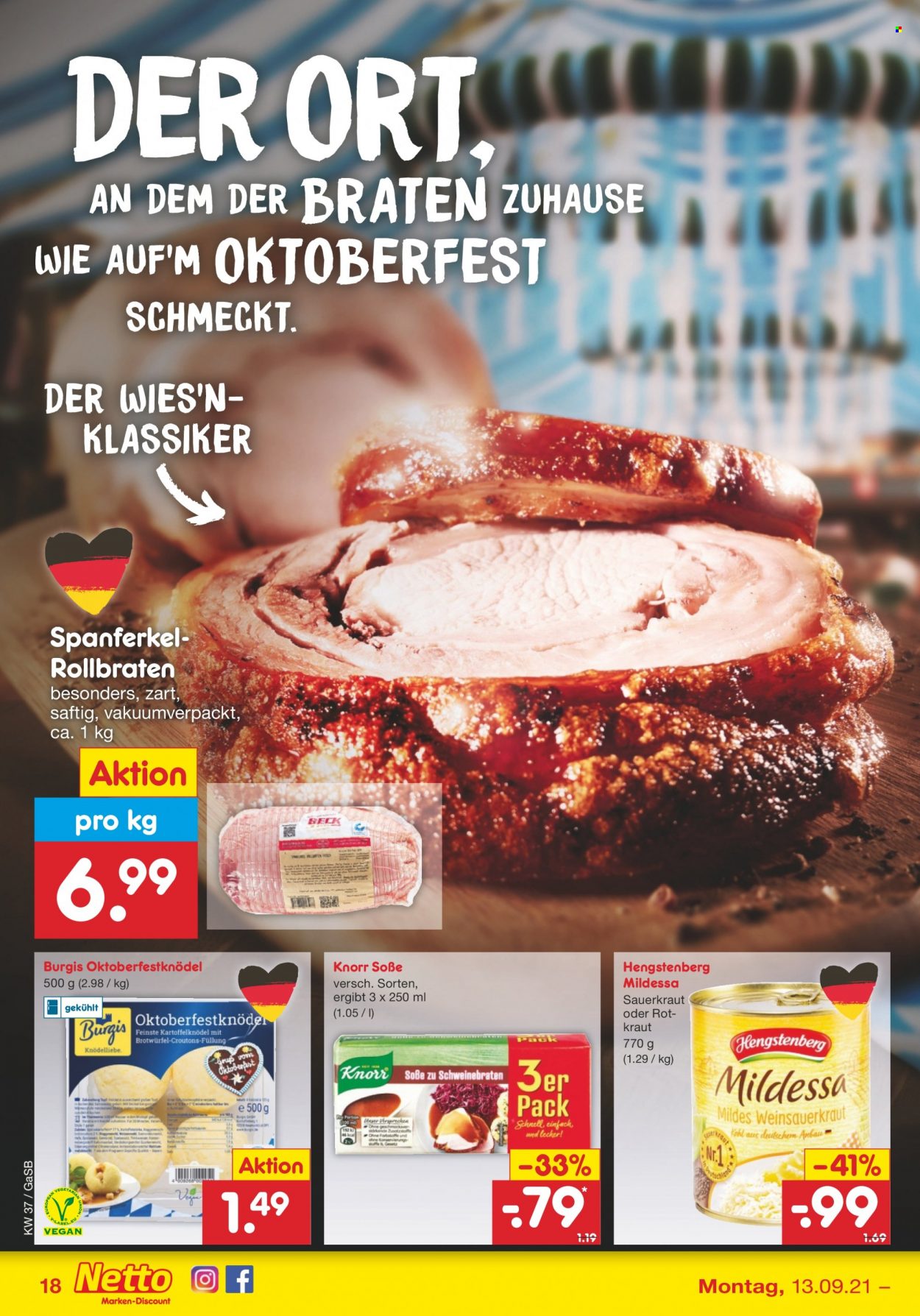 thumbnail - Prospekte Netto Marken-Discount - 13.09.2021 - 18.09.2021 - Produkte in Aktion - Kraut, Schweinebraten, Kartoffelknödel, Knorr, Croutons, Weinsauerkraut, Sauerkraut, Soße. Seite 18.