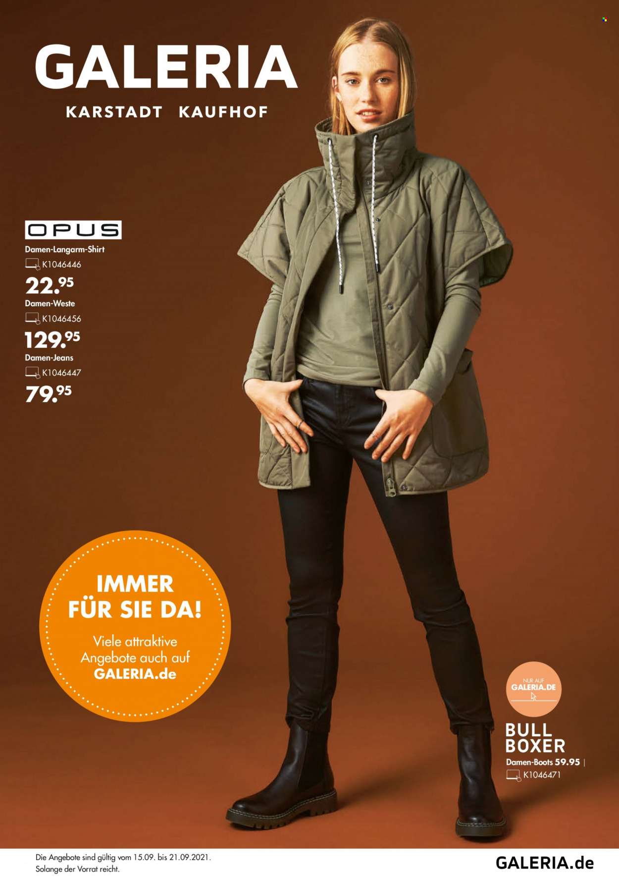 thumbnail - Prospekte GALERIA Karstadt Kaufhof - 15.09.2021 - 21.09.2021 - Produkte in Aktion - Weste, Jeans, Shirt. Seite 1.