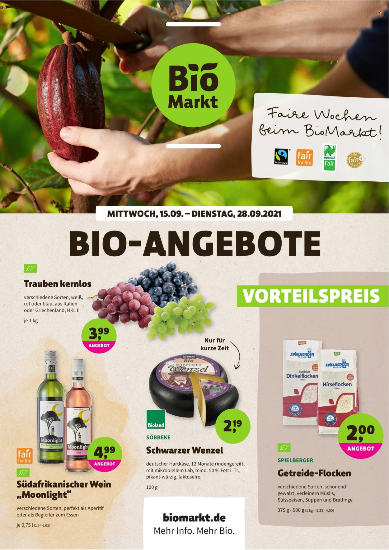 thumbnail - Prospekte BioMarkt - 15.09.2021 - 28.09.2021 - Produkte in Aktion - Alkohol, Trauben, Hartkäse, Haferflocken, Wein, Aperitif. Seite 1.