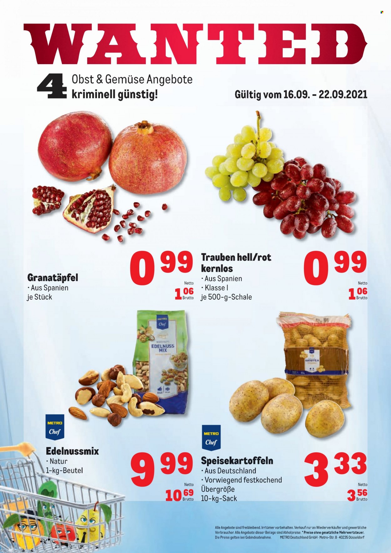 thumbnail - Prospekte Metro - 16.09.2021 - 22.09.2021 - Produkte in Aktion - Speisekartoffeln, Kartoffeln, Trauben, Granatäpfel. Seite 1.