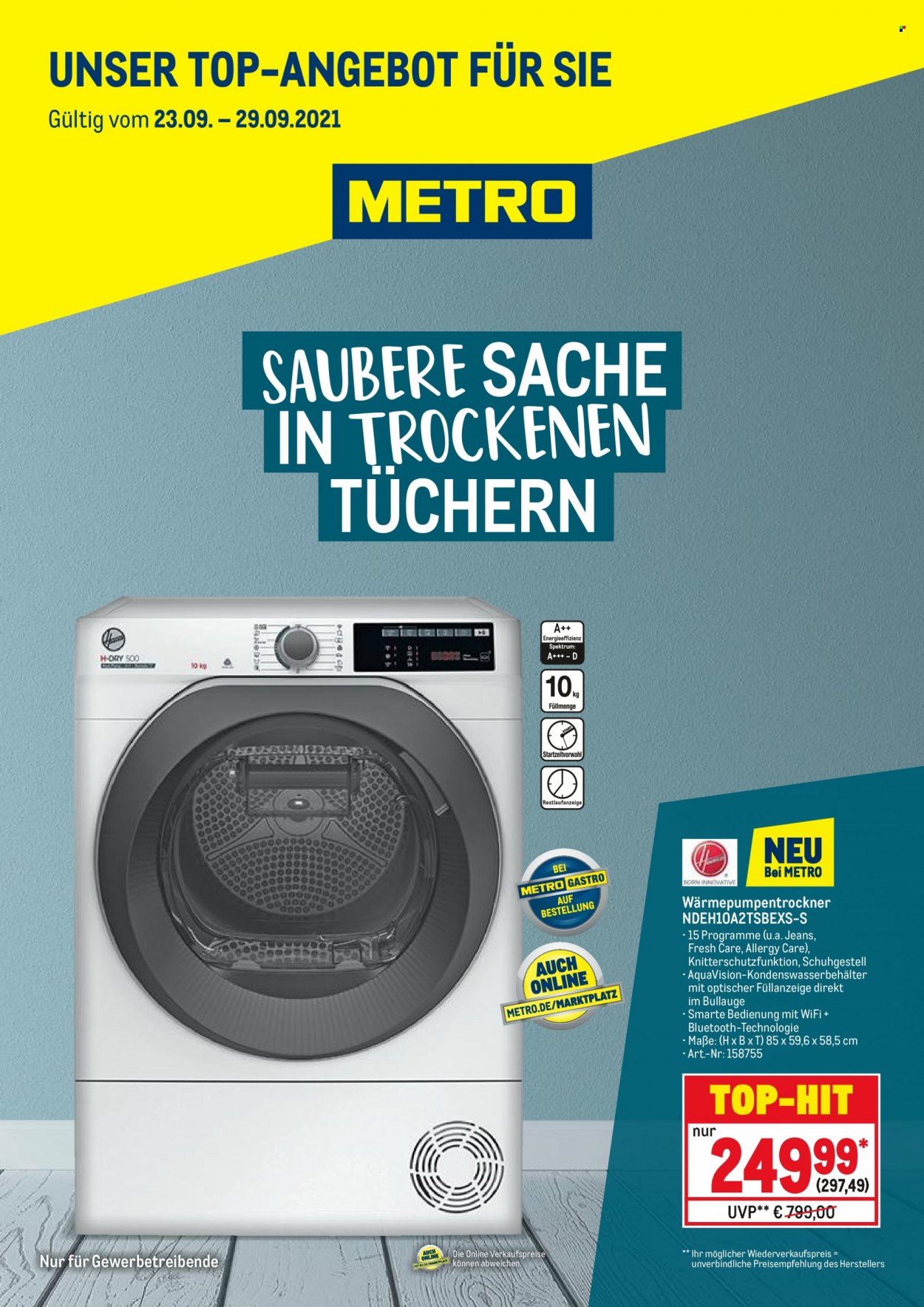 thumbnail - Prospekte Metro - 23.09.2021 - 29.09.2021 - Produkte in Aktion - Wärmepumpentrockner, Spektrum, Jeans. Seite 1.