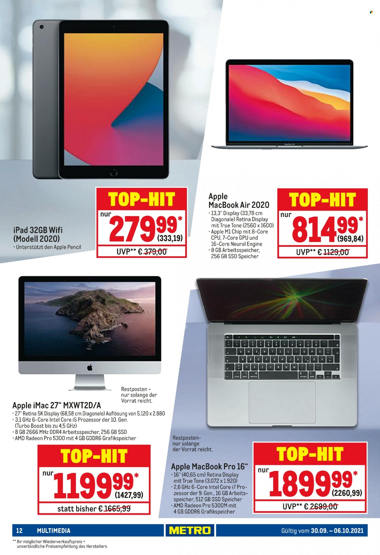 thumbnail - Prospekte Metro - 30.09.2021 - 6.10.2021 - Produkte in Aktion - Apple, MacBook, iPad, AMD Radeon, SSD-Speicher, Radeon. Seite 12.