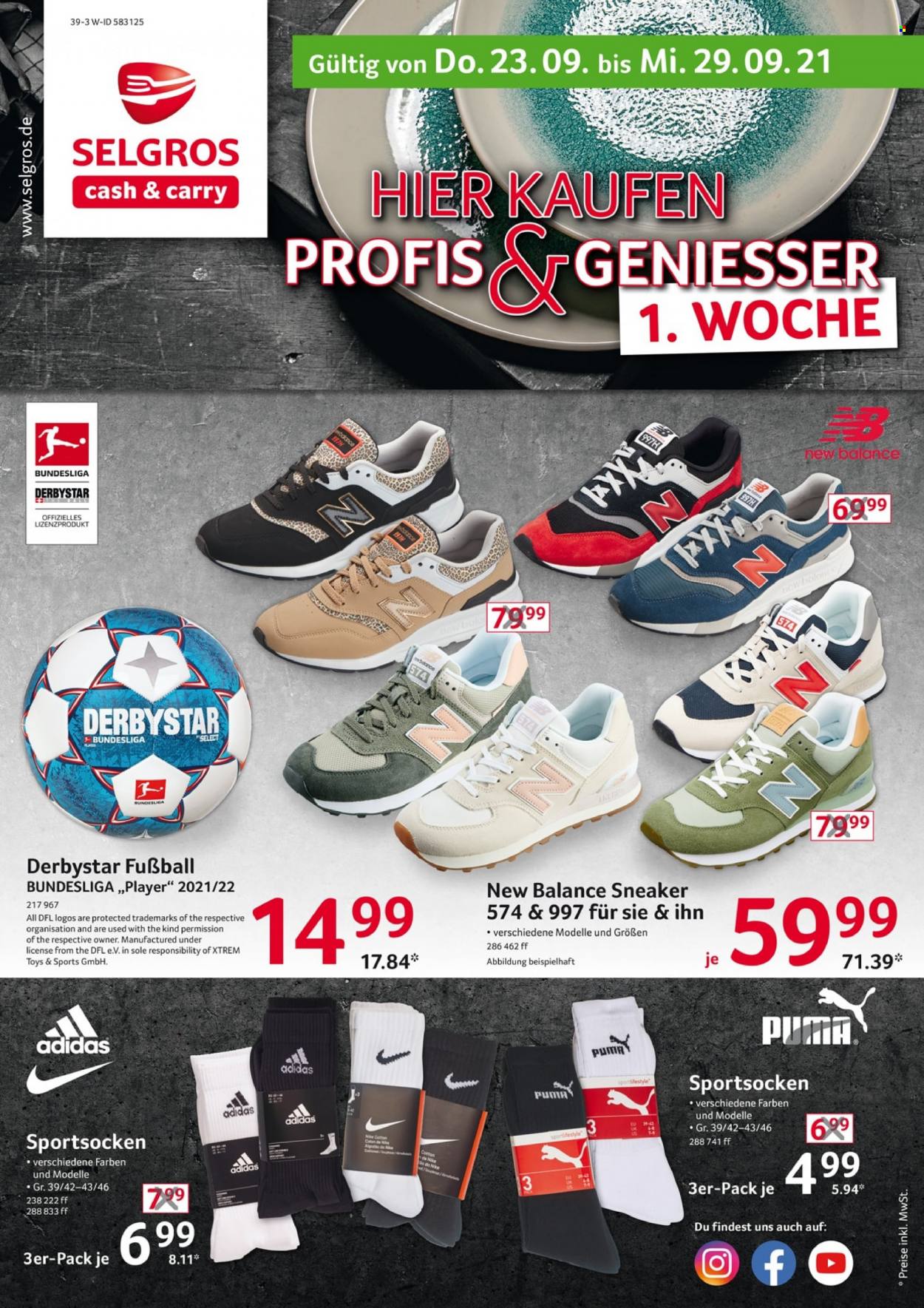 thumbnail - Prospekte Selgros - 23.09.2021 - 29.09.2021 - Produkte in Aktion - Adidas, Puma, Nike, Sneakers, Socken, Sportsocken. Seite 1.