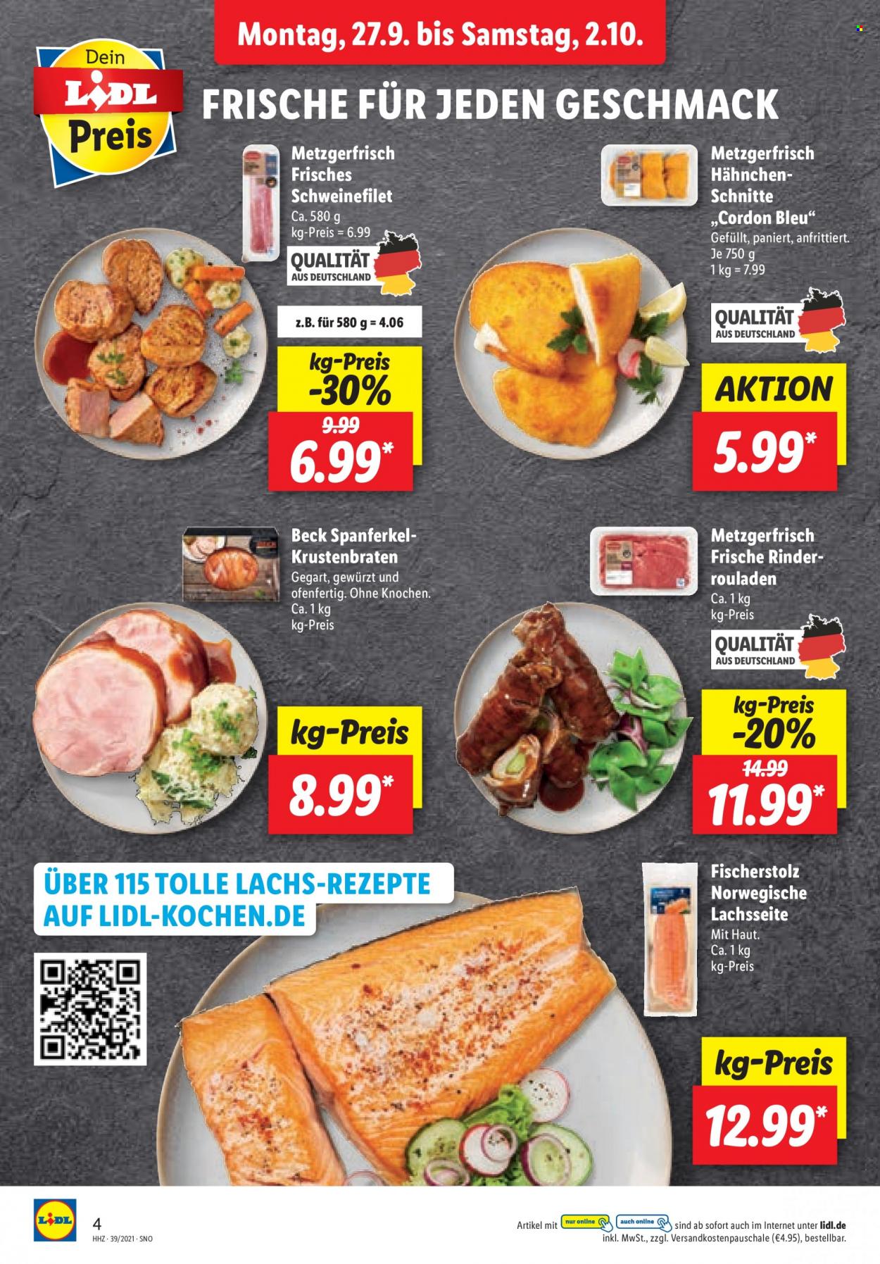 thumbnail - Prospekte Lidl - 27.09.2021 - 2.10.2021 - Produkte in Aktion - Schweinefleisch, Schweinefilet, Lachs, Cordon Bleu. Seite 4.