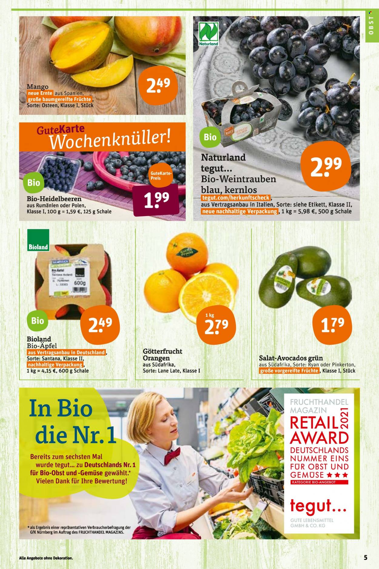 thumbnail - Prospekte tegut... - 20.09.2021 - 25.09.2021 - Produkte in Aktion - Salat, Avocado, Mango, Orangen, Heidelbeeren. Seite 7.
