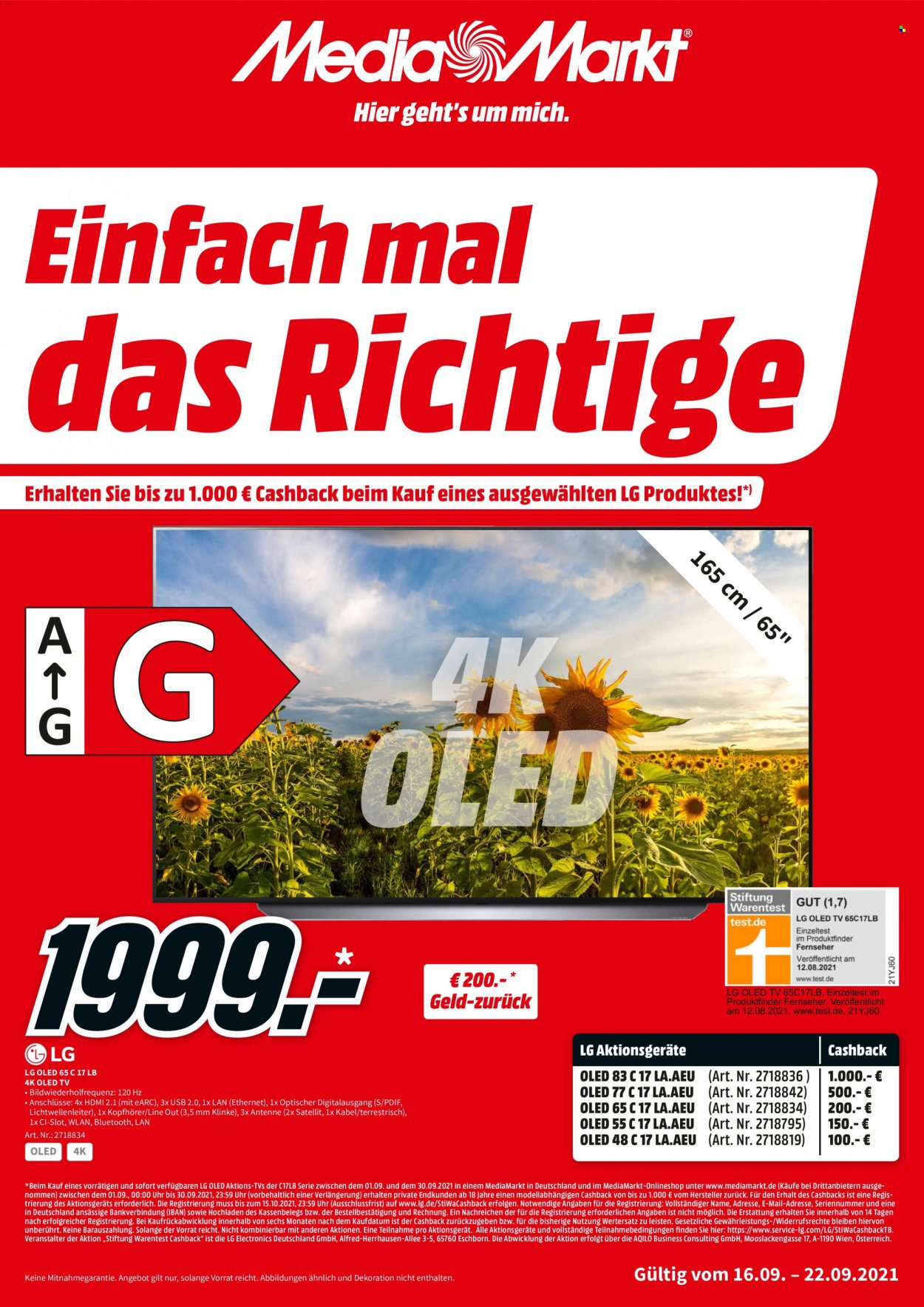 thumbnail - Prospekte MediaMarkt - 16.09.2021 - 22.09.2021 - Produkte in Aktion - LG, Oled-TV, Kopfhörer. Seite 1.