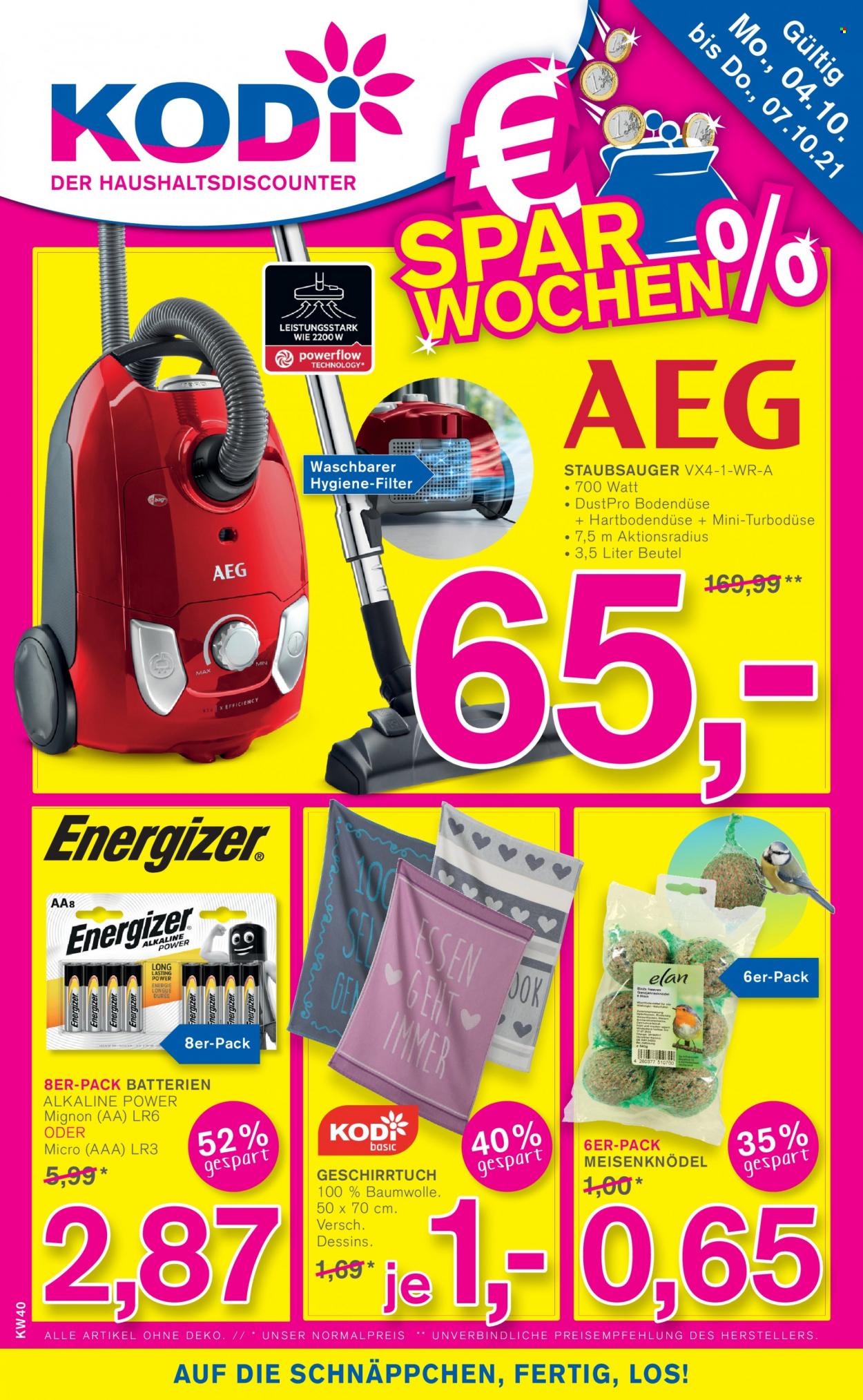thumbnail - Prospekte KODi - 4.10.2021 - 9.10.2021 - Produkte in Aktion - Staubsauger, Energizer, Geschirrtuch, Meisenknödel, Elan, AEG. Seite 1.