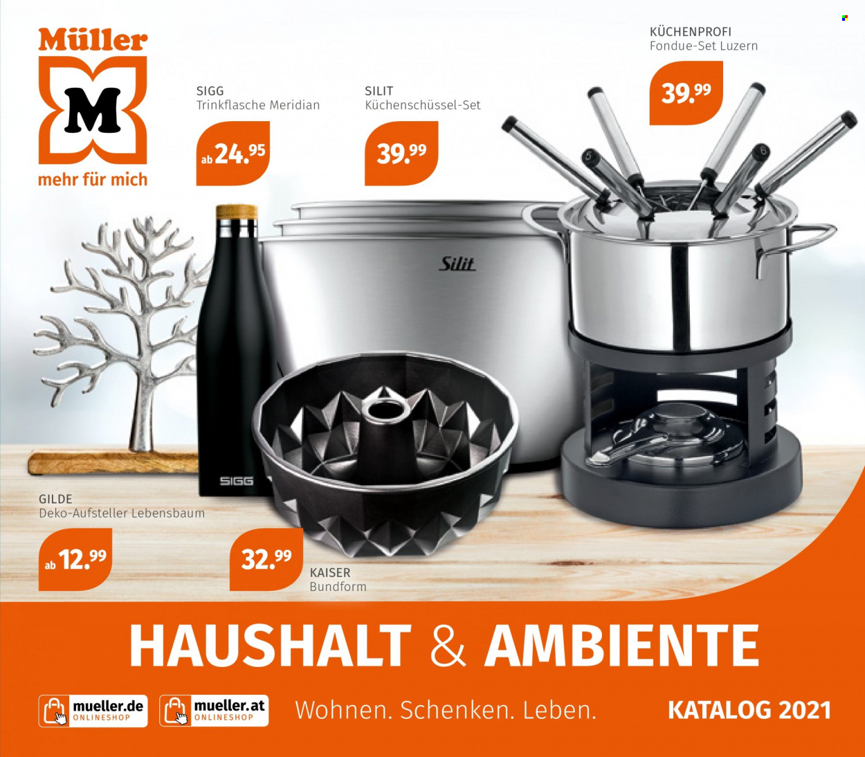 thumbnail - Prospekte Müller - 1.10.2021 - 31.12.2021 - Produkte in Aktion - Fondue, Bundform, Küchenschüssel-Set, Trinkflasche. Seite 1.