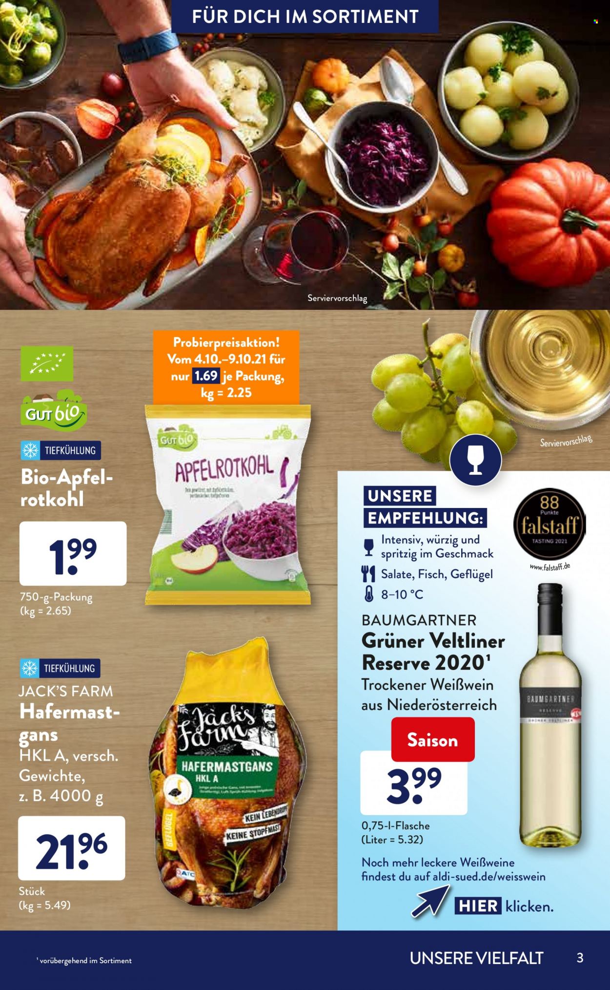 thumbnail - Prospekte ALDI SÜD - Produkte in Aktion - Alkohol, Rahmgemüse, Kaisergemüse, Wein, Weißwein, Grüner Veltliner. Seite 3.