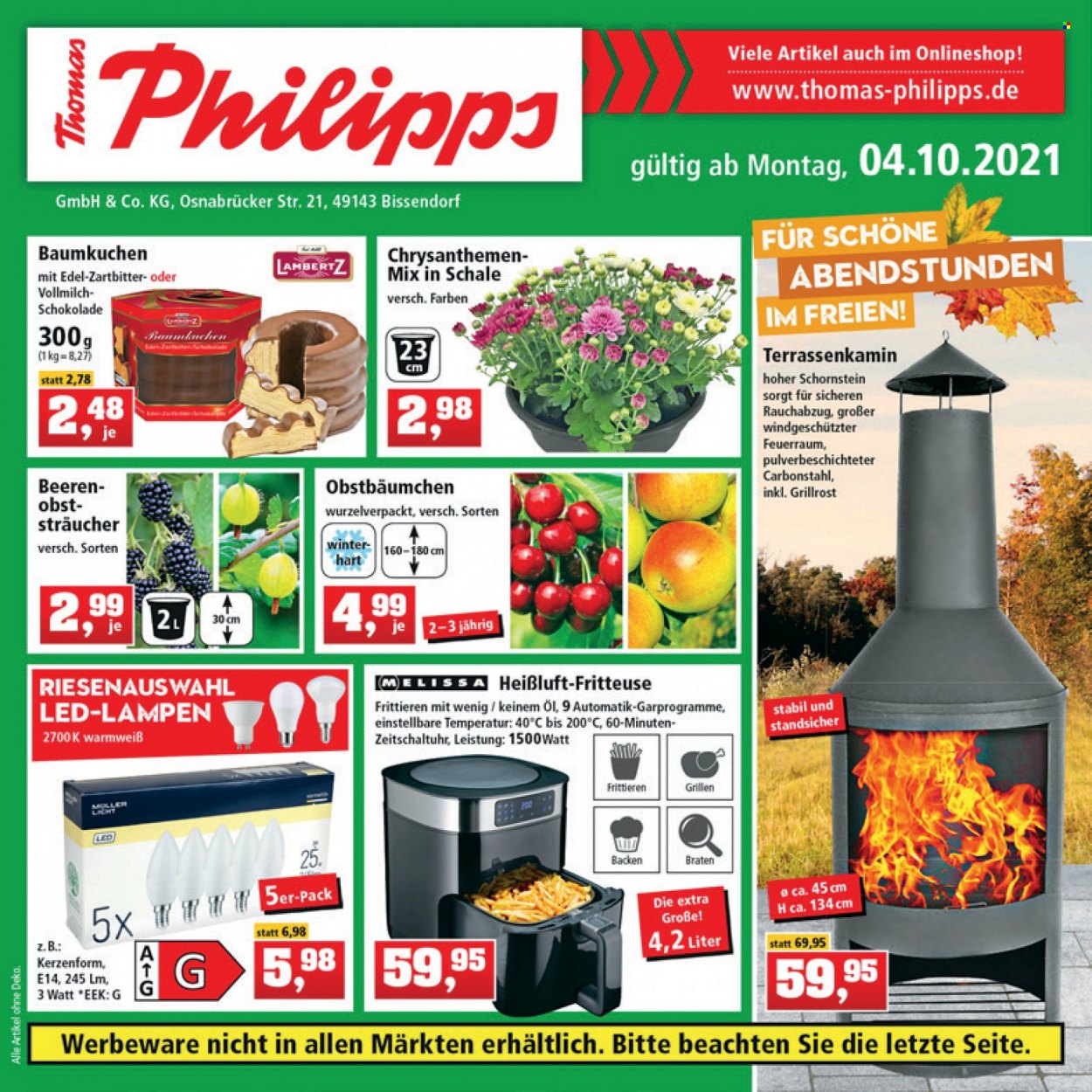 thumbnail - Prospekte Thomas Philipps - 4.10.2021 - 9.10.2021 - Produkte in Aktion - Milch, Schokolade, Lambertz, Öl, Fritteuse, Chrysanthemen. Seite 1.