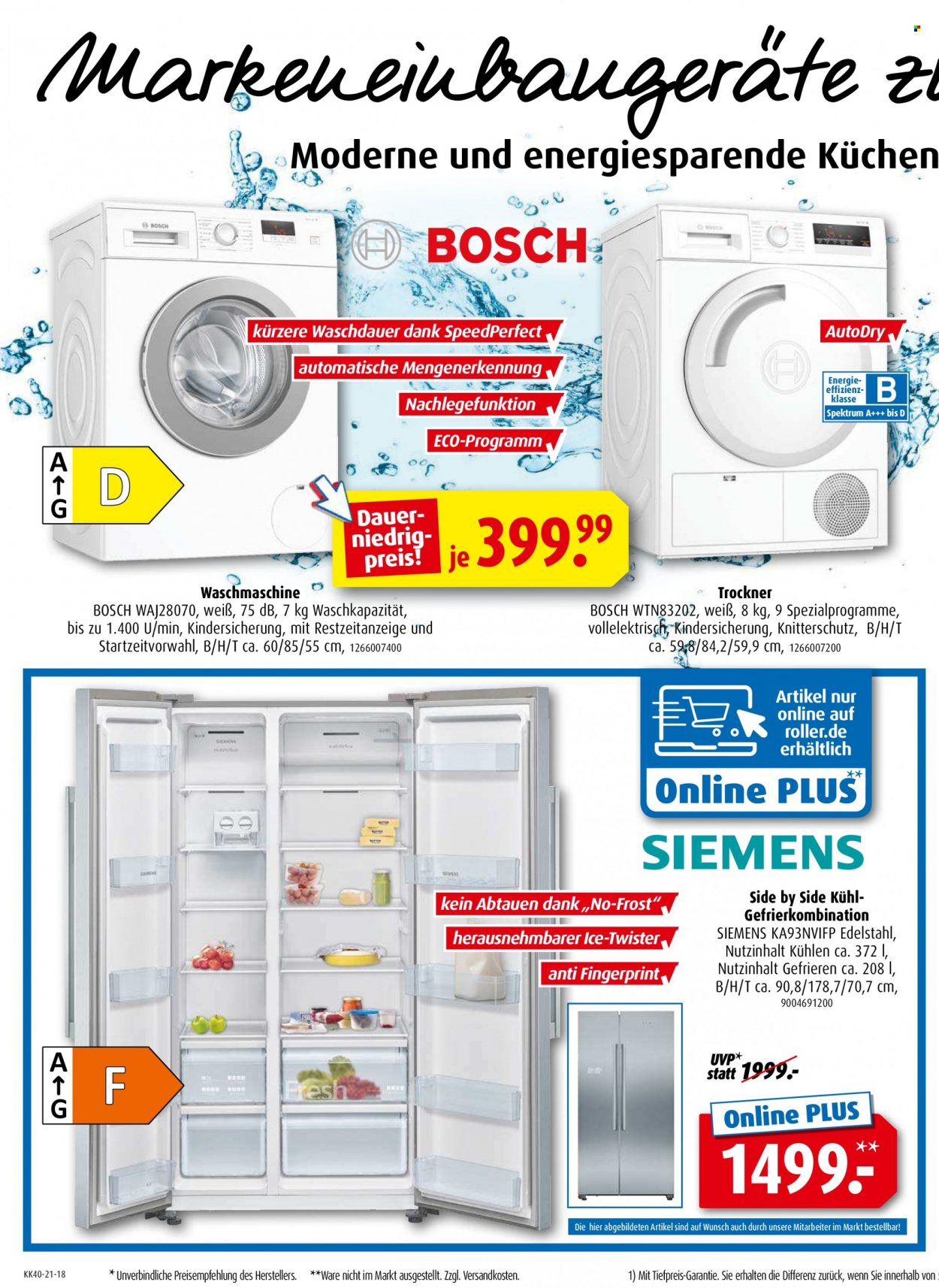thumbnail - Prospekte Roller - 4.10.2021 - 31.12.2021 - Produkte in Aktion - Bosch, Siemens, Kühl Gefrier Kombi, Waschmaschine, Roller. Seite 18.