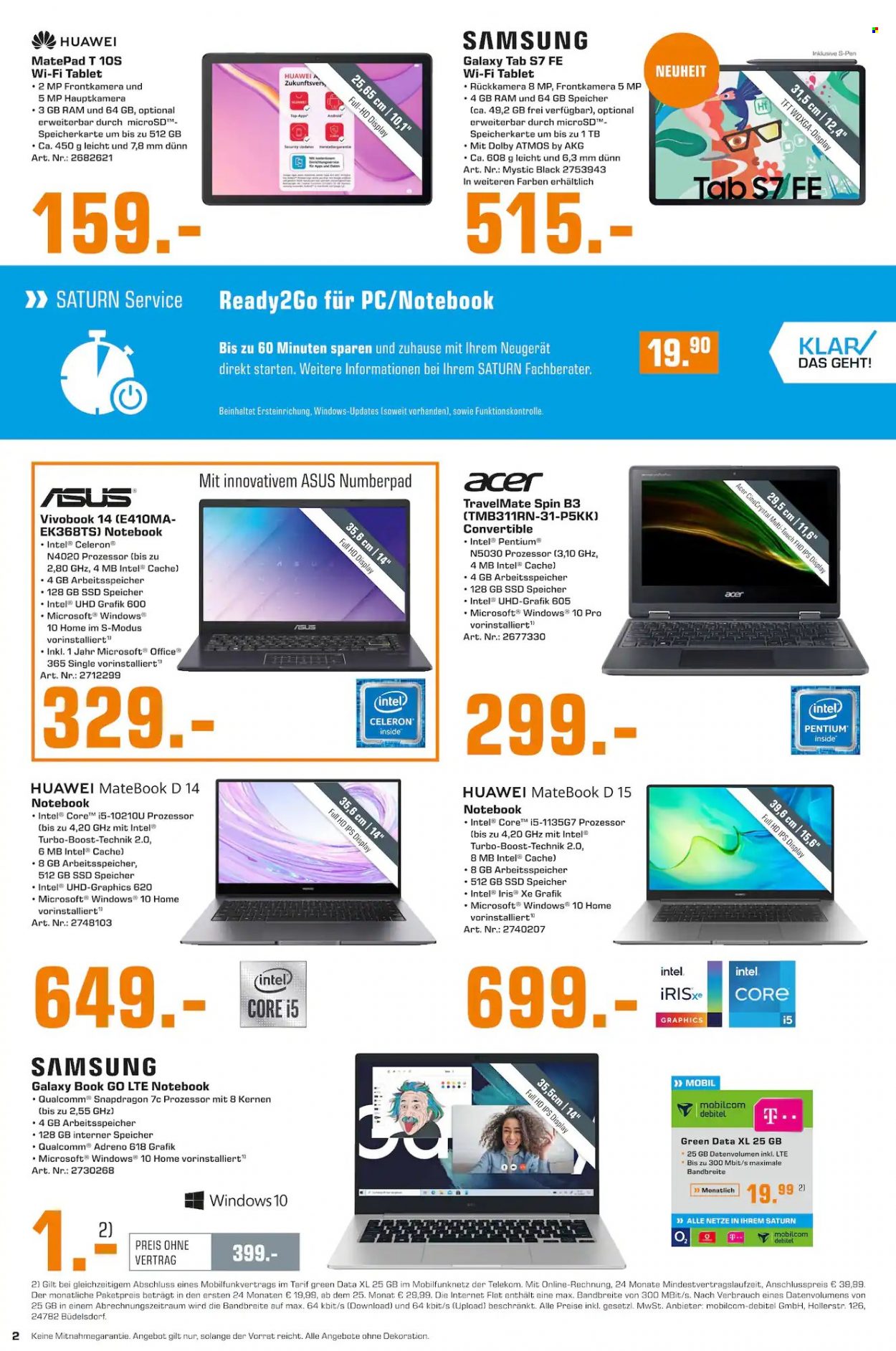 thumbnail - Prospekte Saturn - 4.10.2021 - 10.10.2021 - Produkte in Aktion - Samsung, Huawei, Asus, Huawei Mate, Acer, MateBook, Huawei MateBook, Tablet, Office, SSD-Speicher. Seite 2.