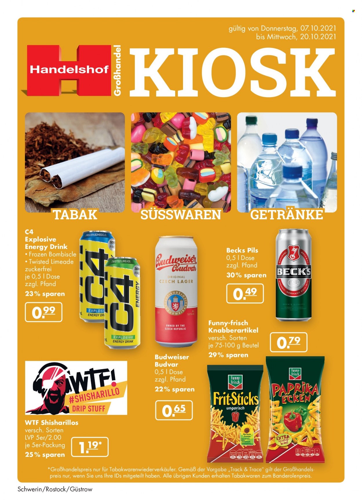 thumbnail - Prospekte Handelshof - 7.10.2021 - 20.10.2021 - Produkte in Aktion - Beck's, Bier, Budweiser, Alkohol, Funny Frisch, Frit-Sticks, Energiegetränk. Seite 1.
