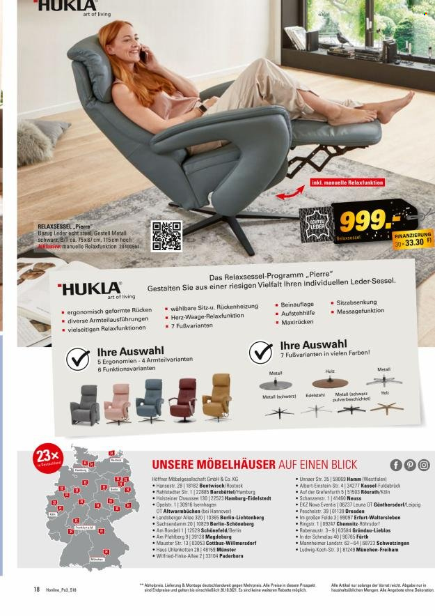 thumbnail - Prospekte Höffner - 8.10.2021 - 26.10.2021 - Produkte in Aktion - Relaxsessel, Sessel. Seite 18.