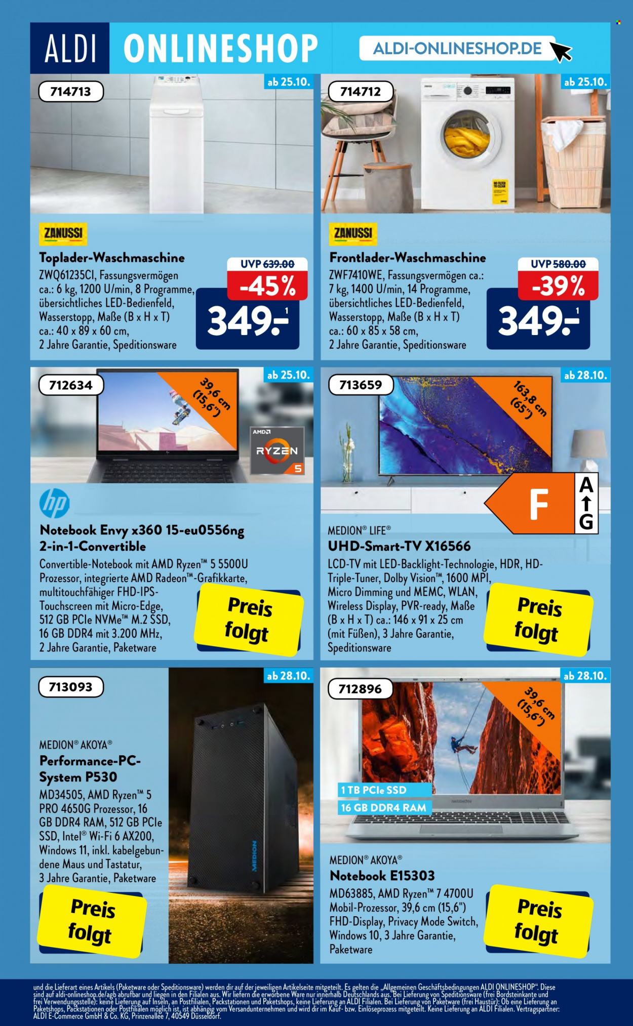thumbnail - Prospekte ALDI SÜD - 25.10.2021 - 30.10.2021 - Produkte in Aktion - Medion, Smart TV, Tastatur, Maus, Waschmaschine, Toplader, Schlauchzubehör. Seite 13.