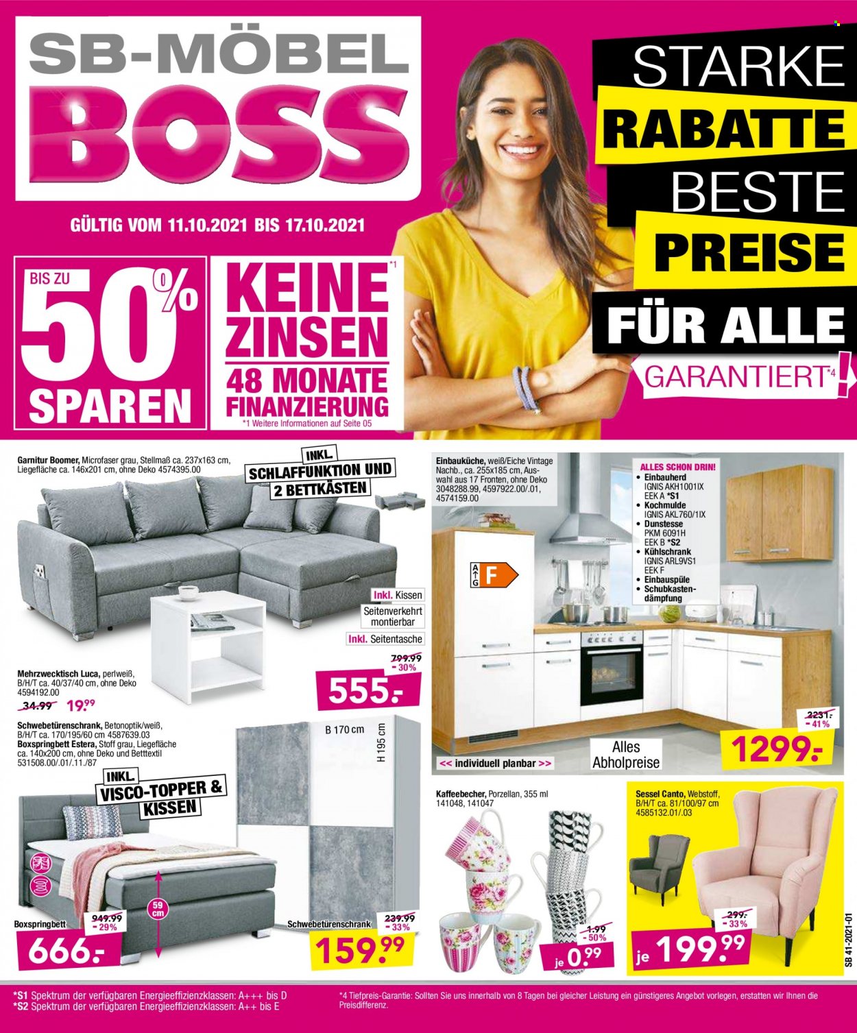 thumbnail - Prospekte SB Möbel Boss - 11.10.2021 - 17.10.2021 - Produkte in Aktion - Boxspringbett, Schwebetürenschrank, Kaffeebecher, Kühlschrank, Einbauherd, Spektrum, Sessel. Seite 1.