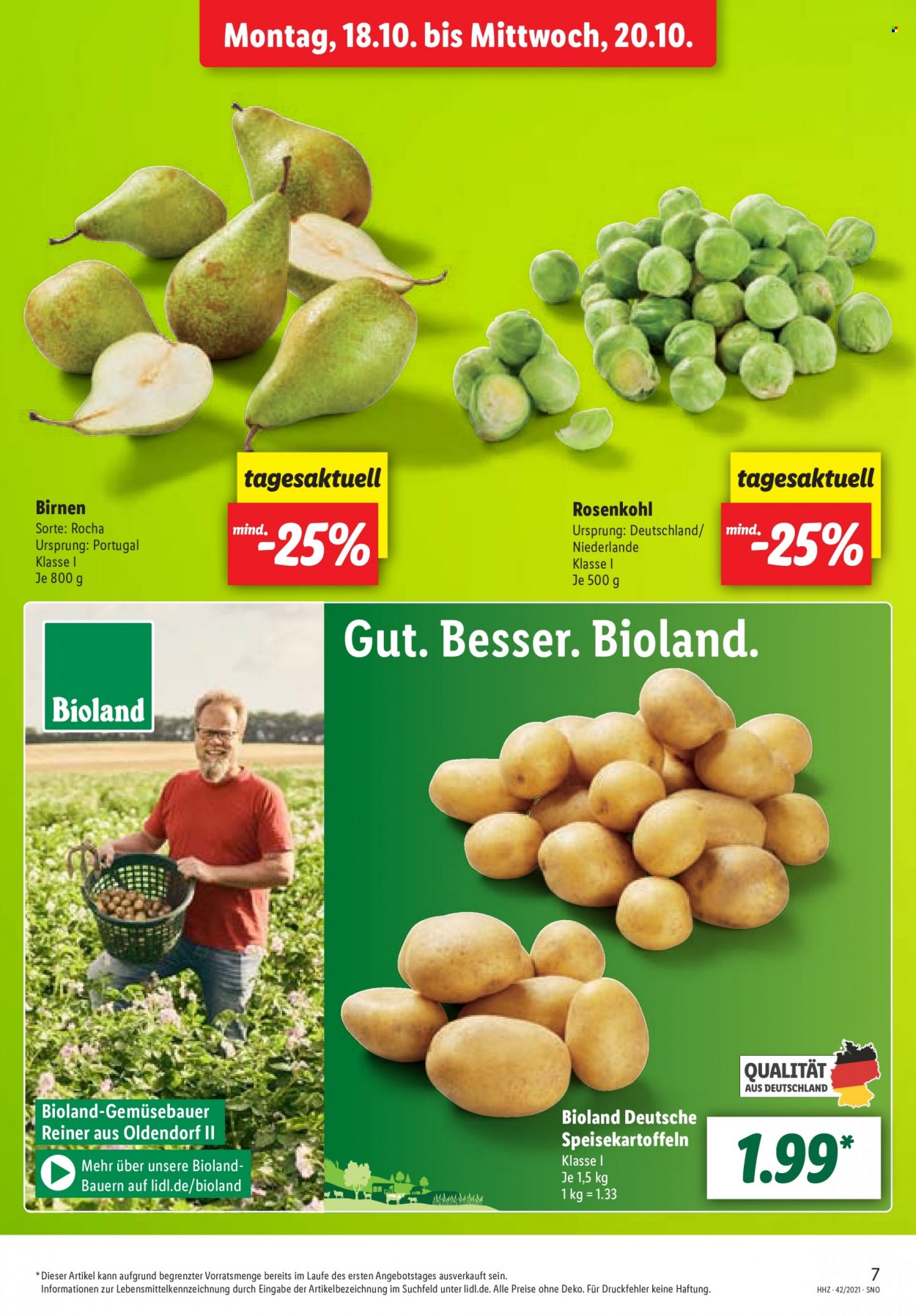 thumbnail - Prospekte Lidl - 18.10.2021 - 23.10.2021 - Produkte in Aktion - Speisekartoffeln, Rosenkohl, Kartoffeln, Birnen. Seite 7.