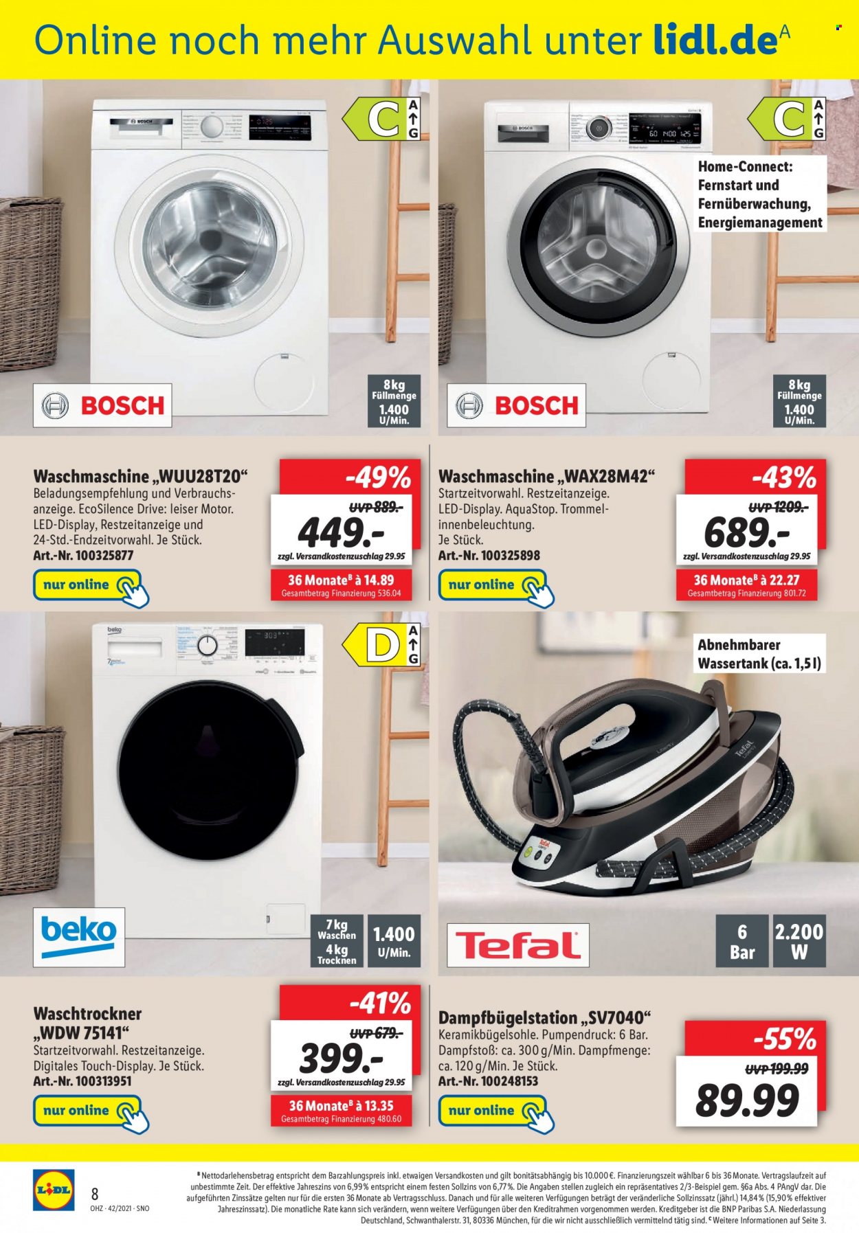 thumbnail - Prospekte Lidl - 18.10.2021 - 24.10.2021 - Produkte in Aktion - Bosch, Beko, Tefal, Dampfglätter, Waschmaschine. Seite 8.
